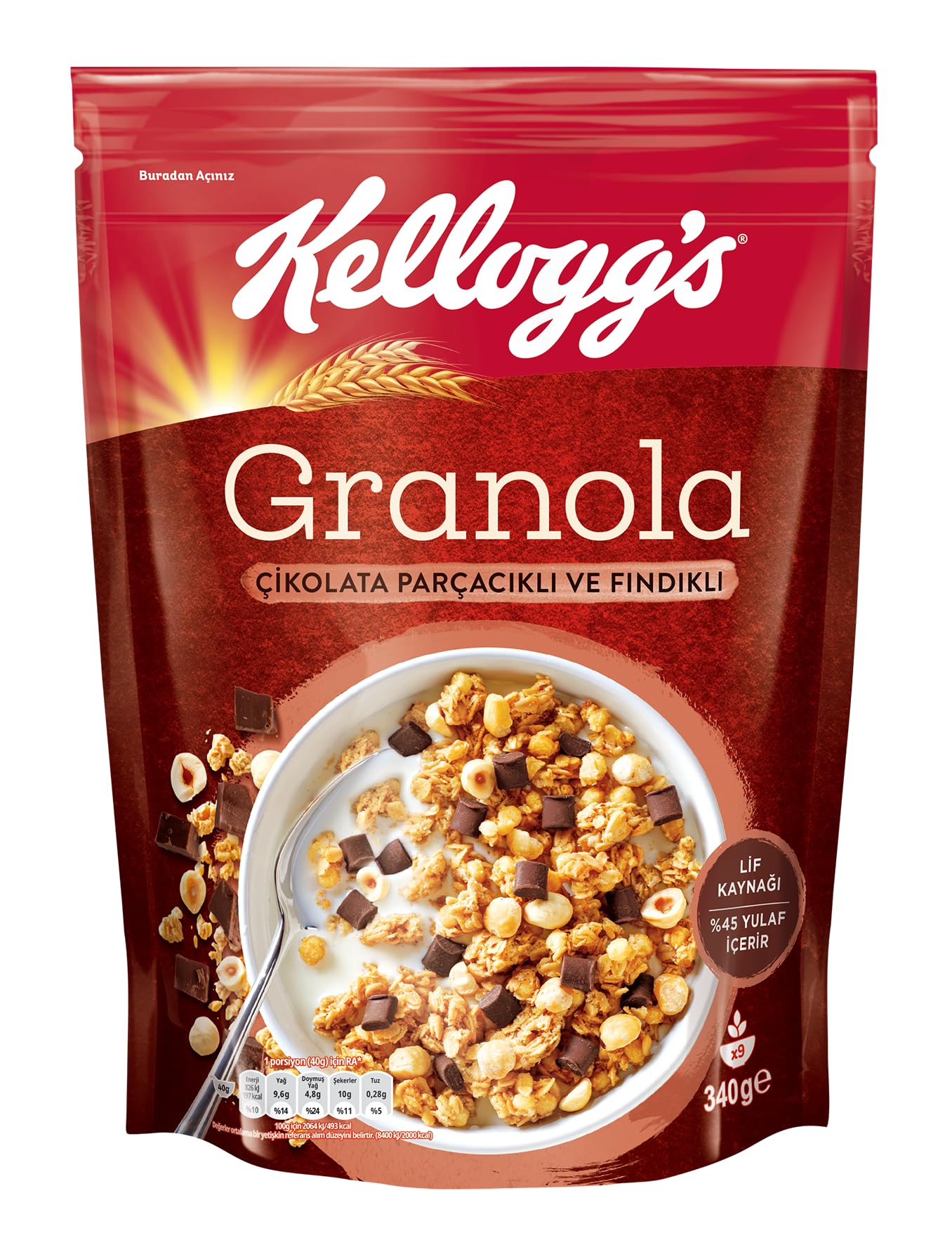 Kellogg's Granola Çikolata Parçacıklı ve Fındıklı 340 Gr,%44 Yulaf içerir,Lif Kaynağı,%11 Belçika Çikolata Parçaları,Antioksidan içerir,Kahvaltılık Gevrek,Müsli