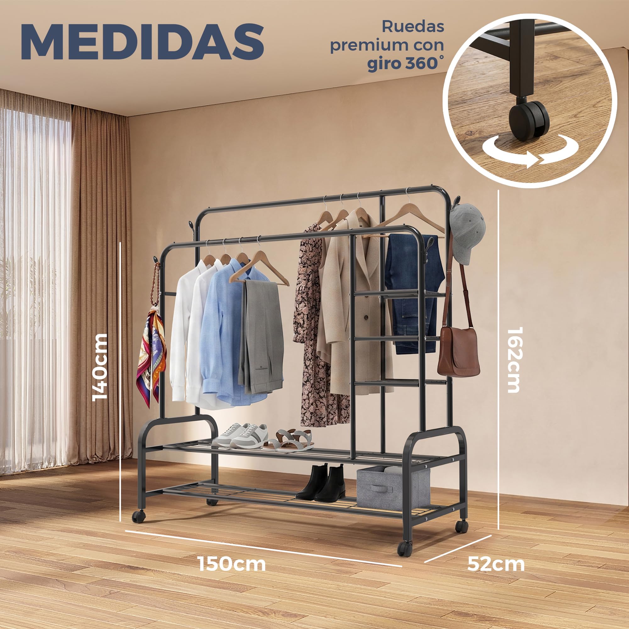 Burro de Ropa Resistente 150 cm con Doble Barra y Zapatero - Perchero de Pie con Ruedas 360 Armario Abierto Multifunción para Vestidor y Dormitorio Antideformación - Acero Negro