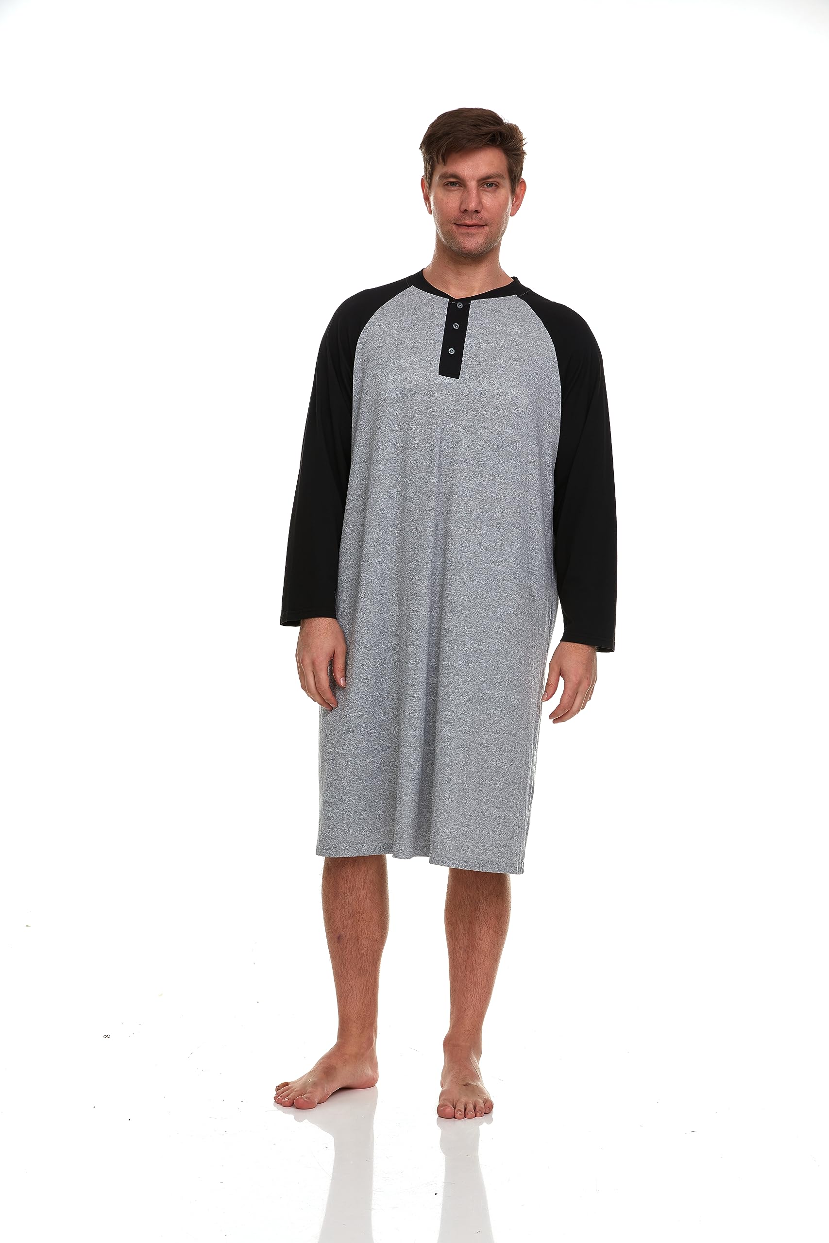 Mens Nightshirt - Long Sleeve Lounge, Sleep Henley Shirt Pajama - Mens Nightgown/Big Sleeping Top, Black-image-36