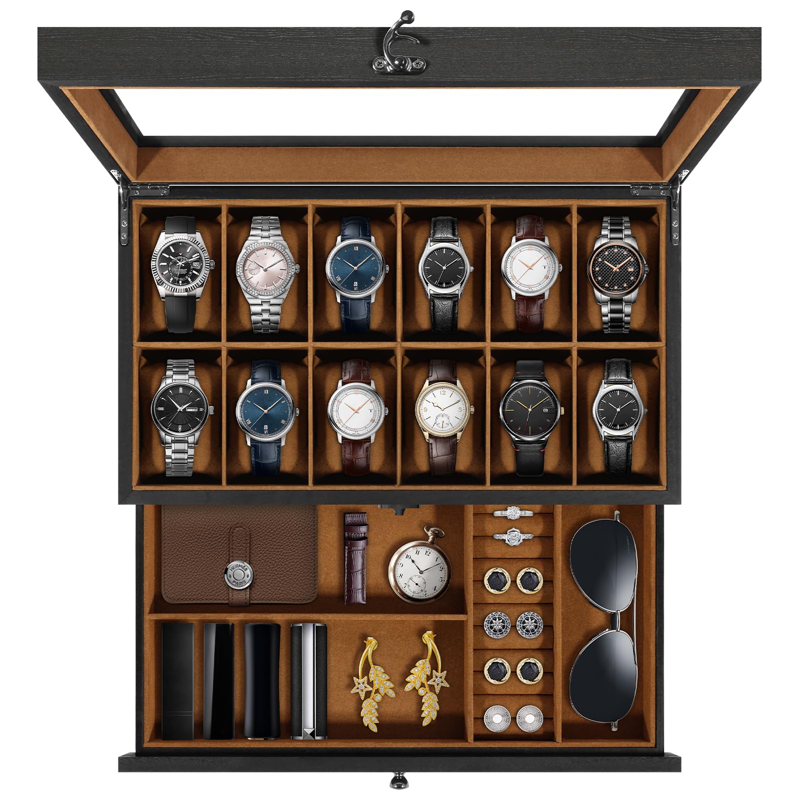 Uten Watch Box 12 Slots, 2-Tier Solid Wood Watch Case with Glass Lid, Metal Clasp, Watch Display Box for Men and Women, Removable Silk Cotton Pillow, Brown Lining, Jewelry Storage Box, Gift Idea