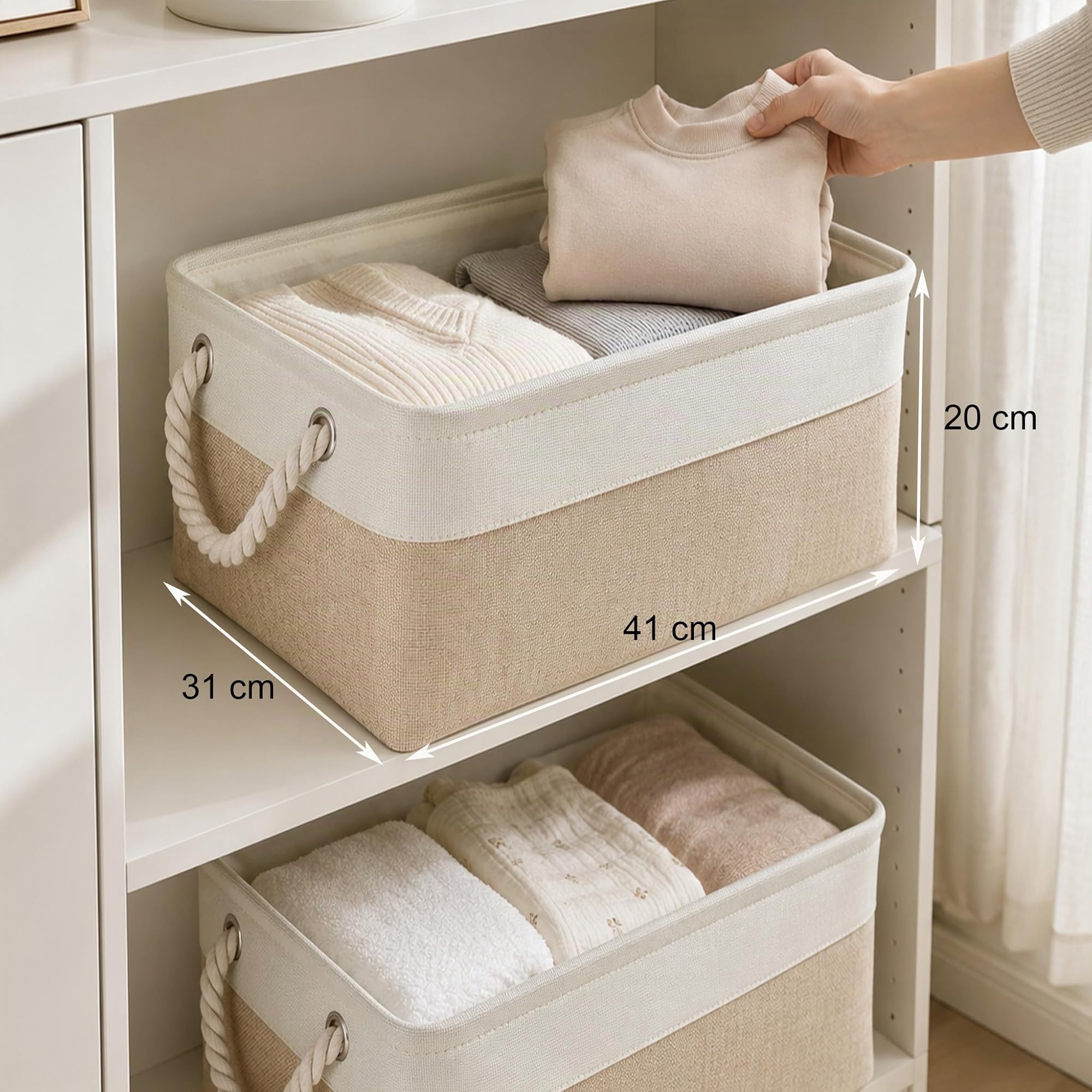 Mangata Lot de 4 grandes boîtes de rangement en toile avec poignées pour armoires, armoires, étagères, salle de bain, vêtements, jouets, serviettes (pliables, Blanc Kaki)