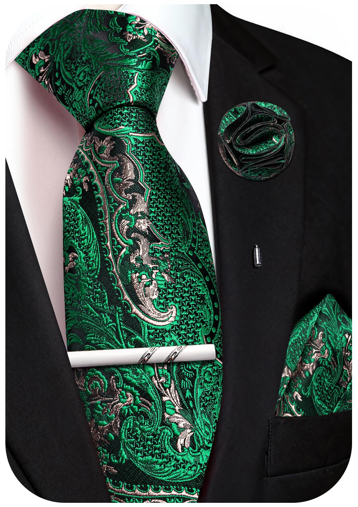 Unique Paisley Ties for Men Silk Neck Tie and Pocket Square Set with Tie Clip Lapel Pin Wedding Formal
