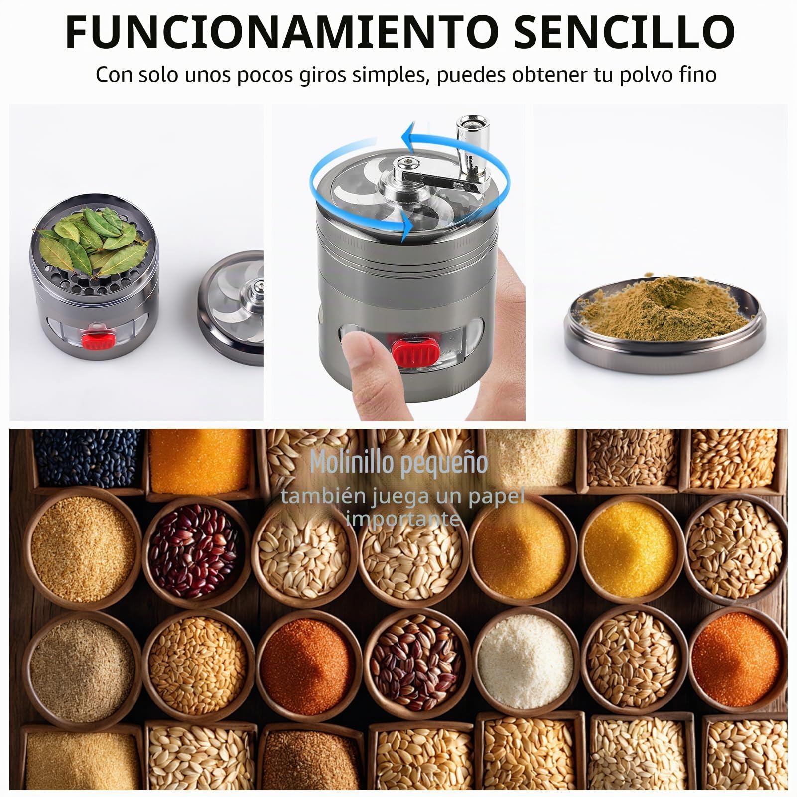 Grinder - Molinillo de especias con manivela, 4 piezas, 63 mm de diámetro, con cajón, aleación de zinc, raspador de polen y tapa magnética para especias, hierbas, hierbas (níquel negro)