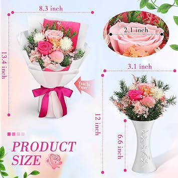 Bloom's Diary Preserved Flowers Bouquet, Flowers for Delivery Prime, Gift for Valentine's Day, Mother's Day, Anniversary, Birthday (Pink)