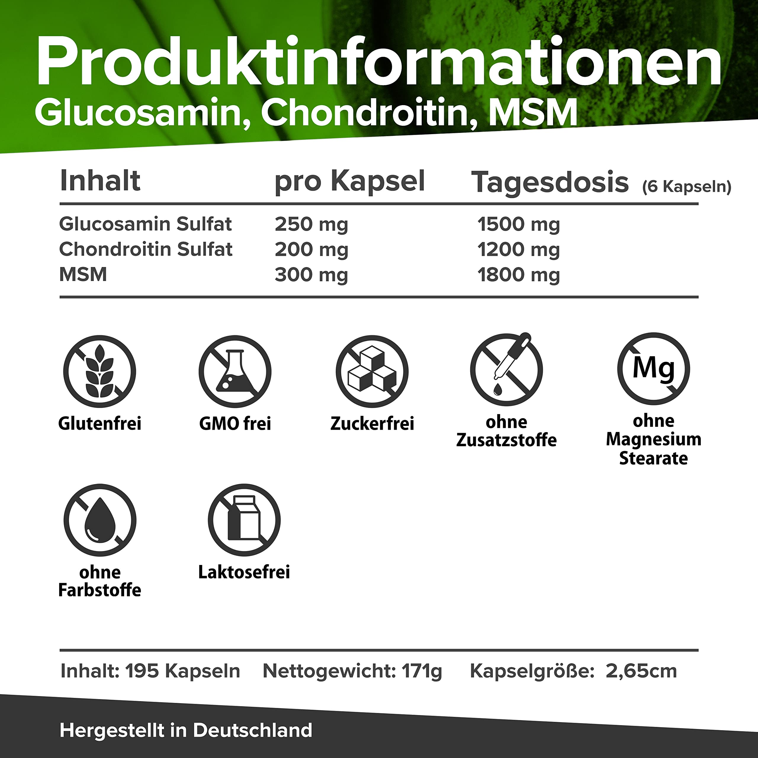 Pacchetto risparmio glucosamina, condroitina, MSM e acido ialuronico ad alto dosaggio in un mese bundle, 285 capsule