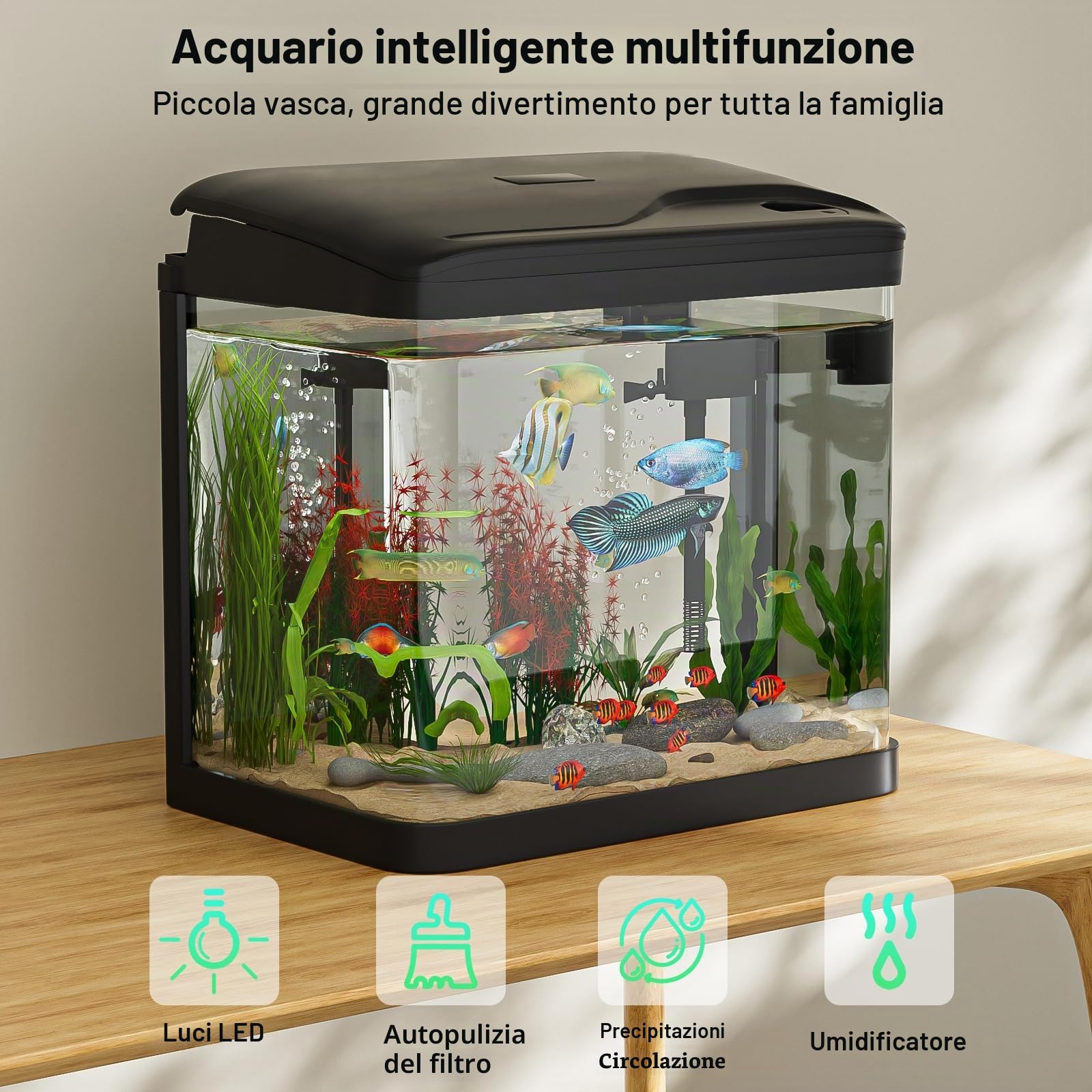 Acquario Piccolo in Vetro, Ambesty 6L Completo Acquarios Per Pesci Rossi, Fish Tank Tartarughe D'acqua con Illuminazione a LED e Sistema di Filtraggio, Nero, Principianti Mini Acquario Completo