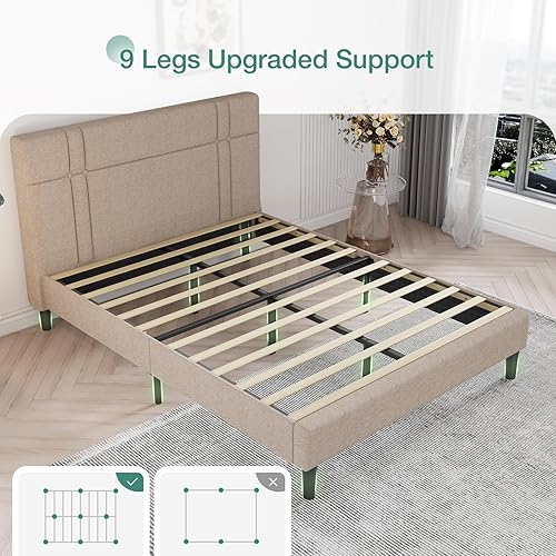 Miniatura 5 de Novilla Base de cama tamaño King con cabecero tapizado y soporte de listones de madera, marco de cama King no necesita somier, fácil montaje, beige