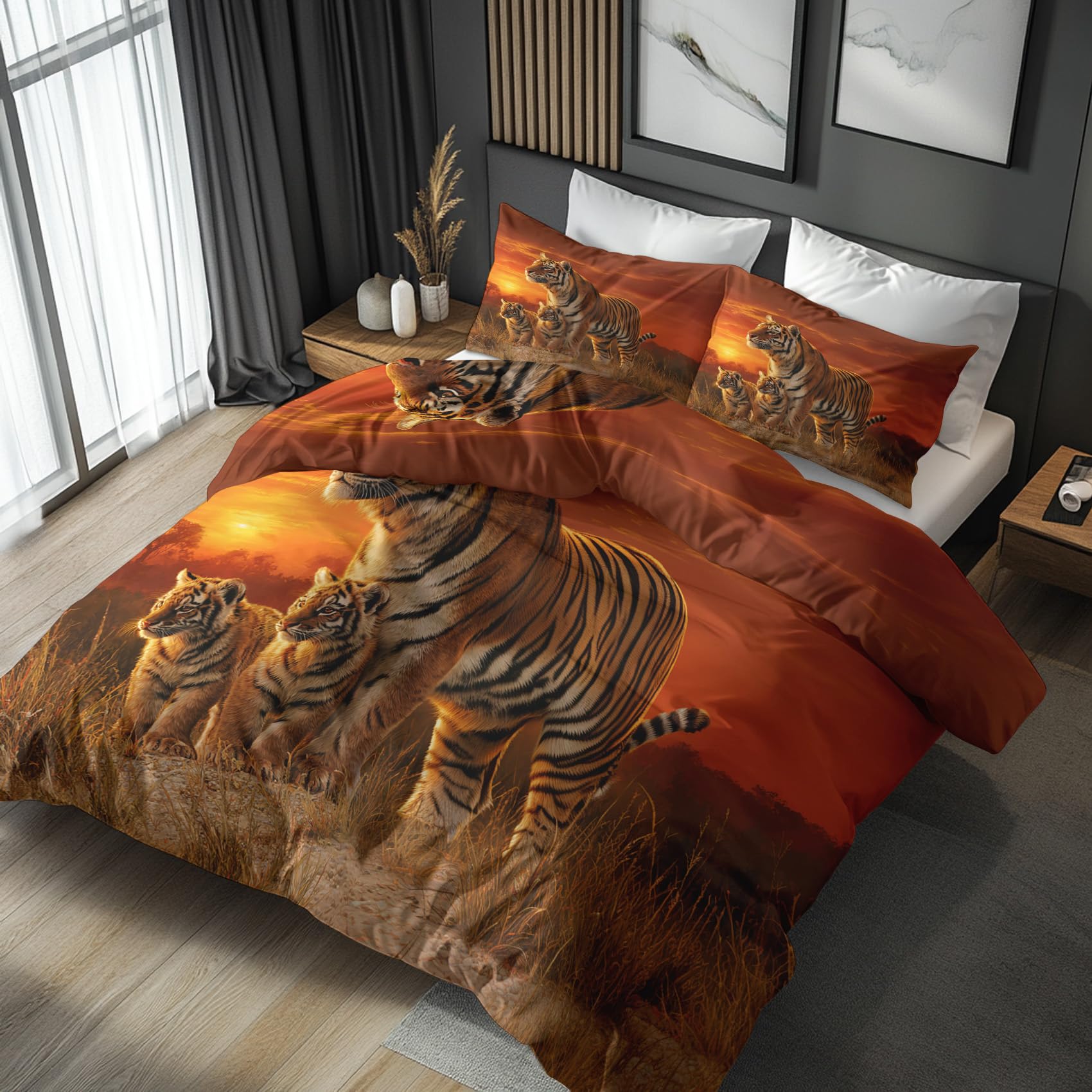 Nogawa Brown Orange Tiger Super King Size Duvet Cover Sets - African Animal Bedding Set - Reversible Quilt Cover & 2 Pillowcases With Zip And Ties, Ultra Soft And Non Iron Brushed Microfibre Bed Set