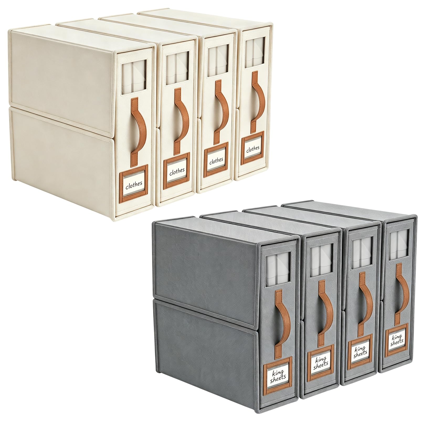 Vehiwell 8 Pcs Bed Sheet Storage Box, Wardrobe Storage Organiser with Handle, Sheet Holders for Bedding, 4 Beige+4 Gray, 38 * 32 * 12cm