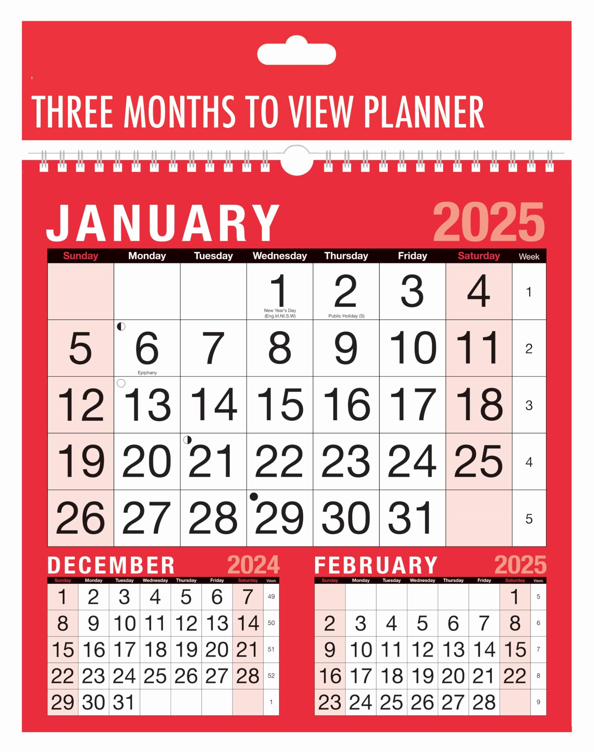 2025 Calendar Three Months to View Spiral Bound Wall Planner Red and Black Calender for Home Business Office School 1 January 2025 to 31 December 2025