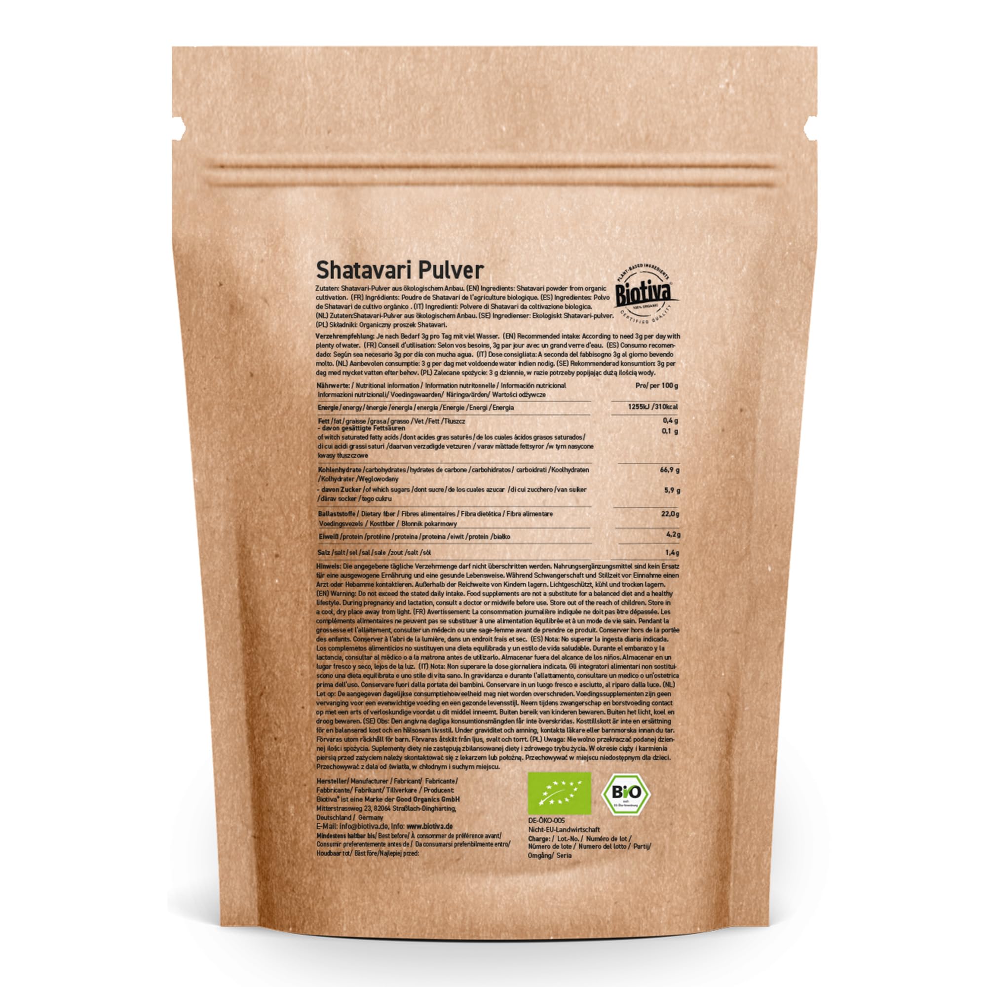 Shatavari poudre bio 500g (2x250g) - asperge indienne - Asparagus Racemosu - Ayurveda - conditionné et certifié en Allemagne- Biotiva