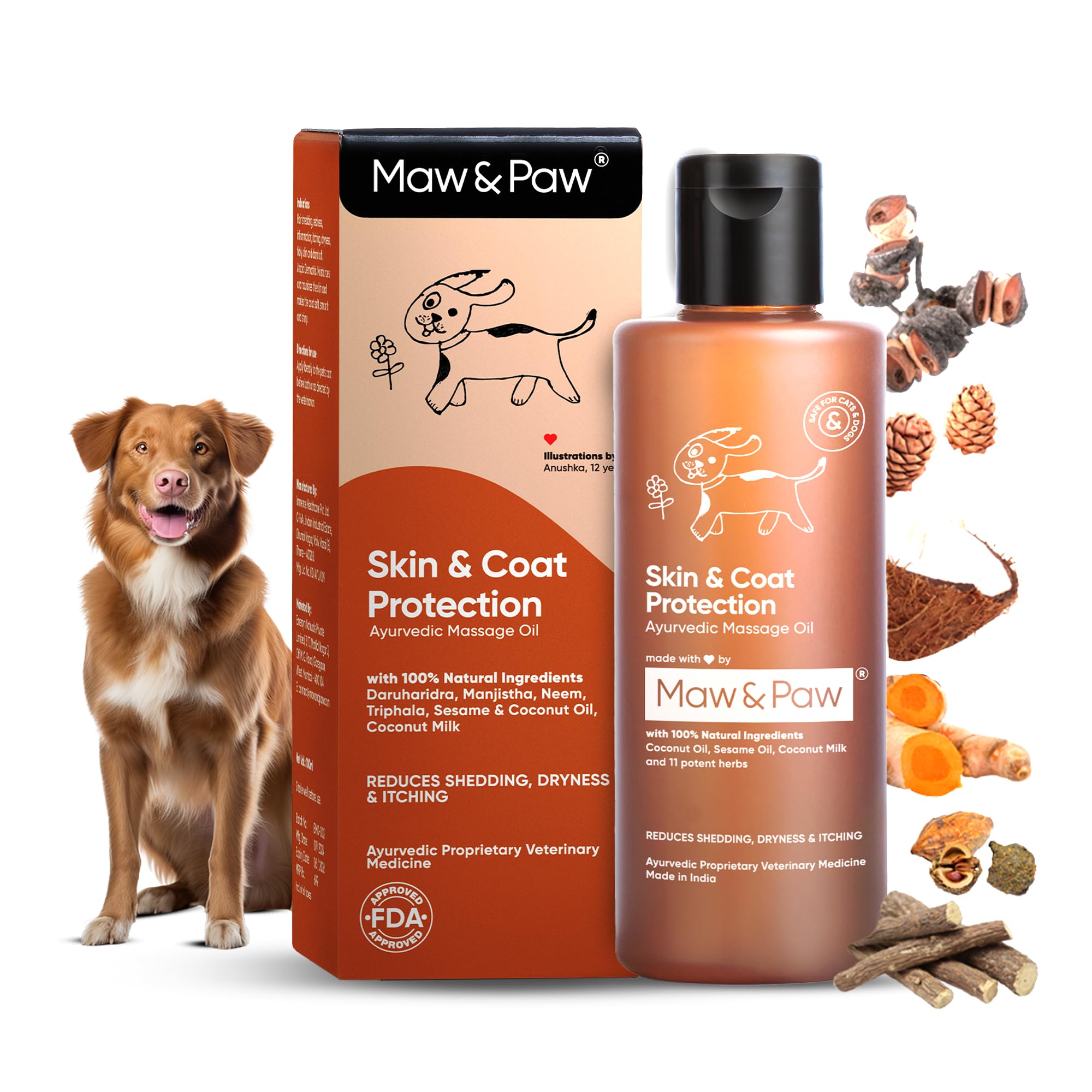 Maw & Paw Ayurvedic Massage Oil for Dogs & Cats | Heals & Conditions | Reduces Itching, Dryness, Dandruff, Shedding | With Coconut Oil, Neem, Manjistha, Turmeric | Maintains Overall Coat Health |100ML