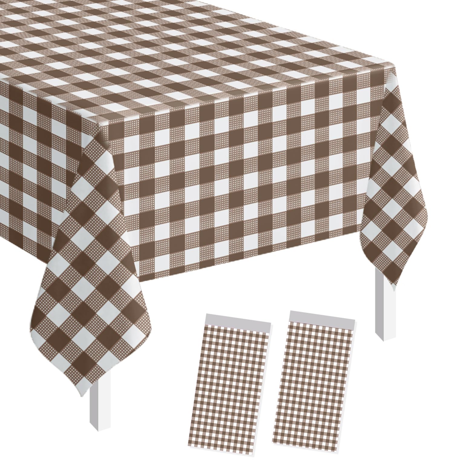 SietDESEO 2 Pack Dark Brown Gingham Tablecloth Rectangle 54 x 108 Brown and White Checkered Table Cloth Disposable Plaid Table Cover Plastic for Birthday Baby Shower Picnic Wedding Party Supplies