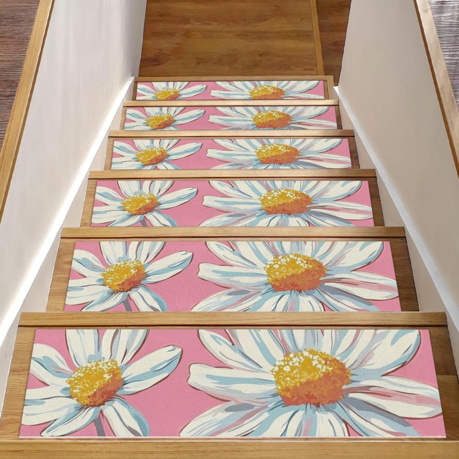 Alfombras para peldaños de madera antideslizantes estilo Retro Daisies para escaleras de casa