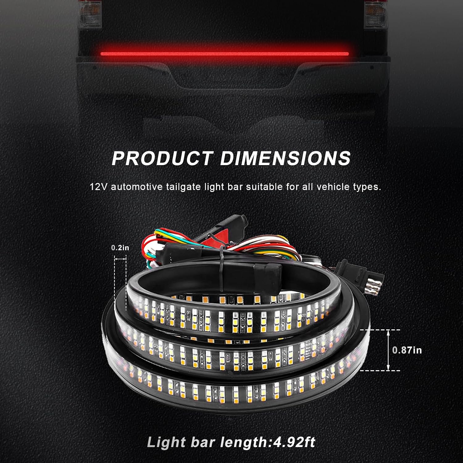 Sun Walker 59" Truck Tailgate Light Bar, Triple Row LED Strip with Running Brake Reverse Turn Signal Lights, IP67 Waterproof Bright Tail Emergency Light Bar for Pickup Trailer SUV image 2