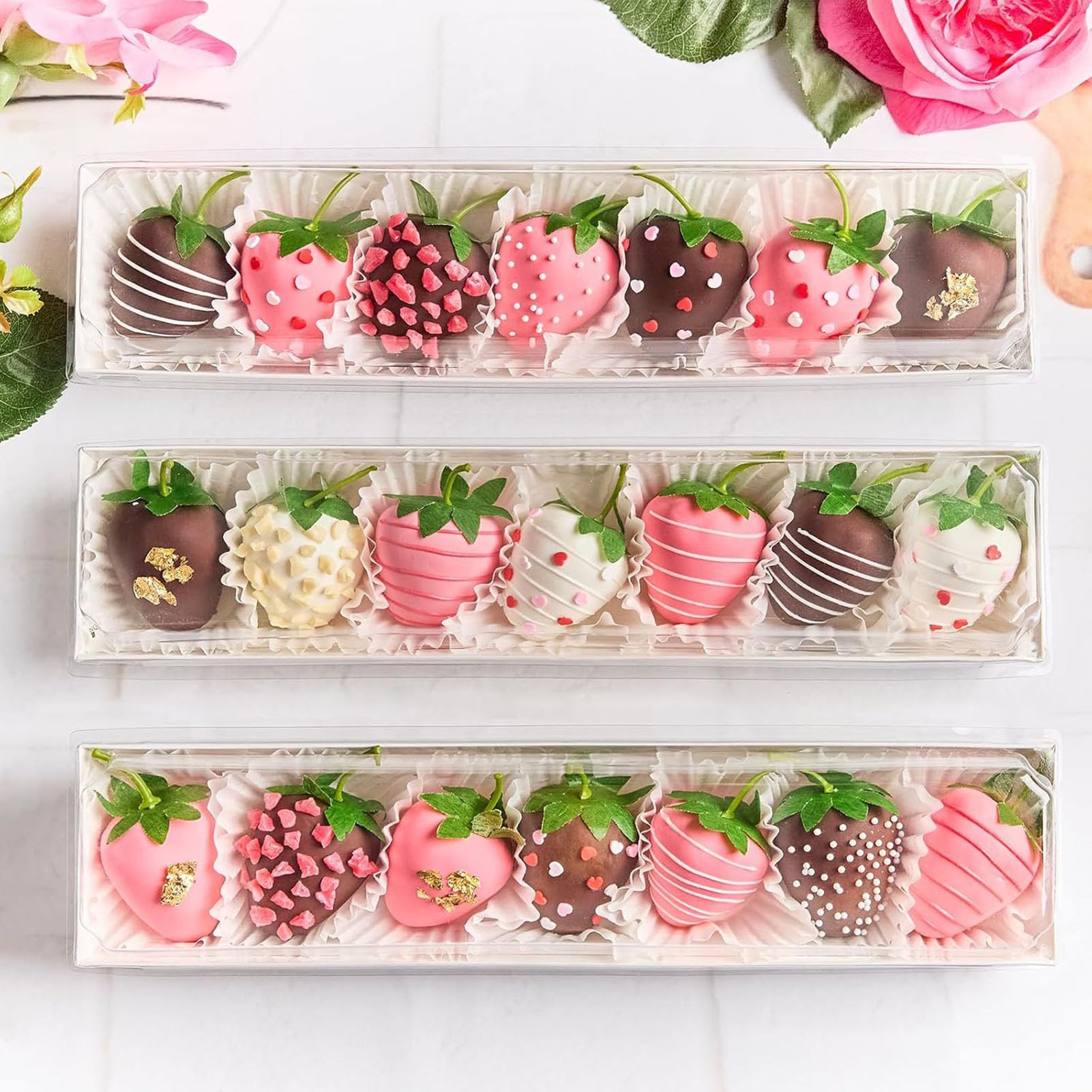 GOWENIC 50 Cajas de Golosinas con Tapas Transparentes | Recipientes de Papel para Postres, Fresas y Trufas con Chocolate (WHITE 28 * 5,3 * 5cm)