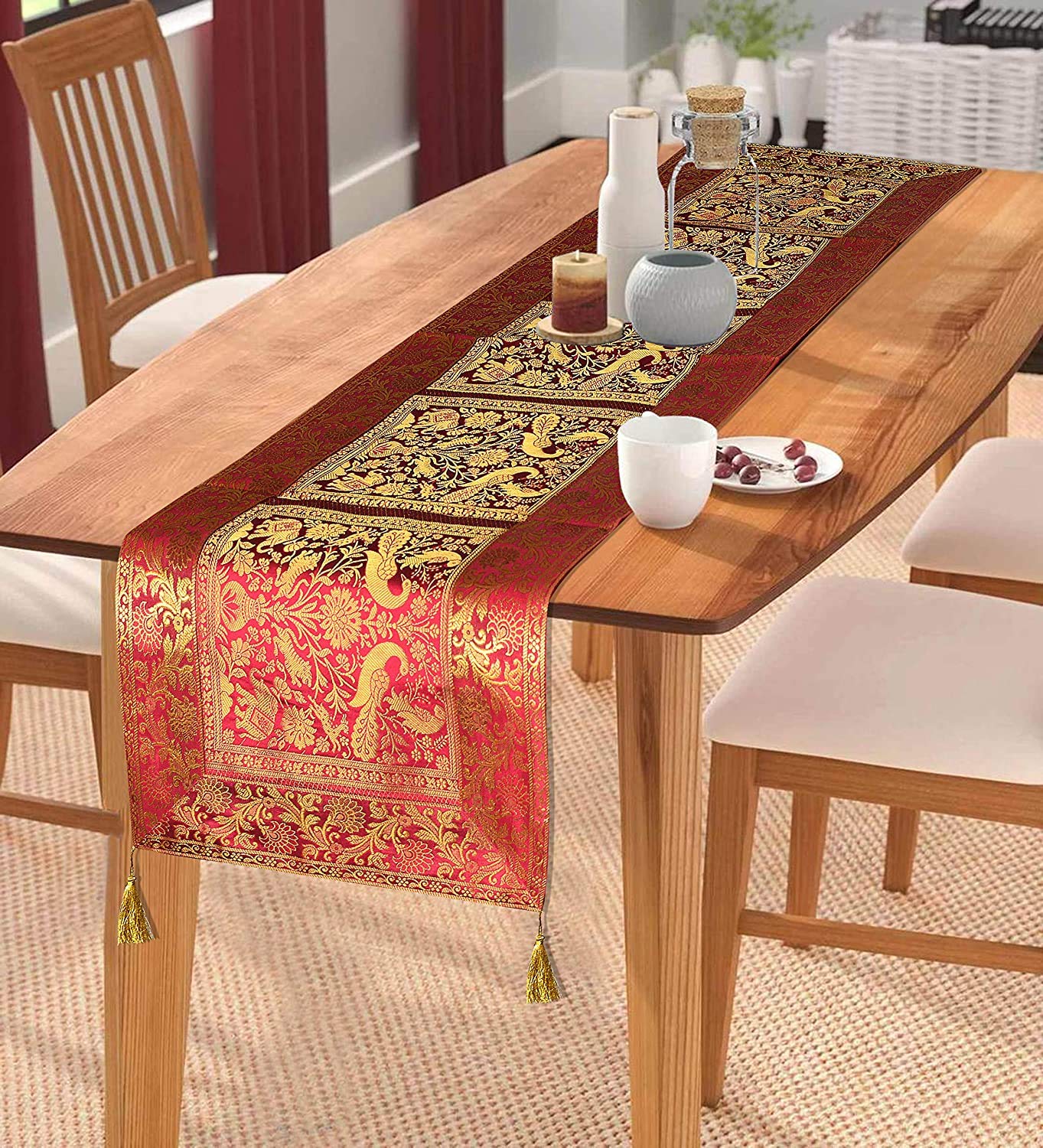 E - Ezra Decorative Banarasi Brocade Silk Dining 6 Seater Table Runner with Ends Tassels on Both Sides (Long Size - 16x60 Inch, Maroon)
