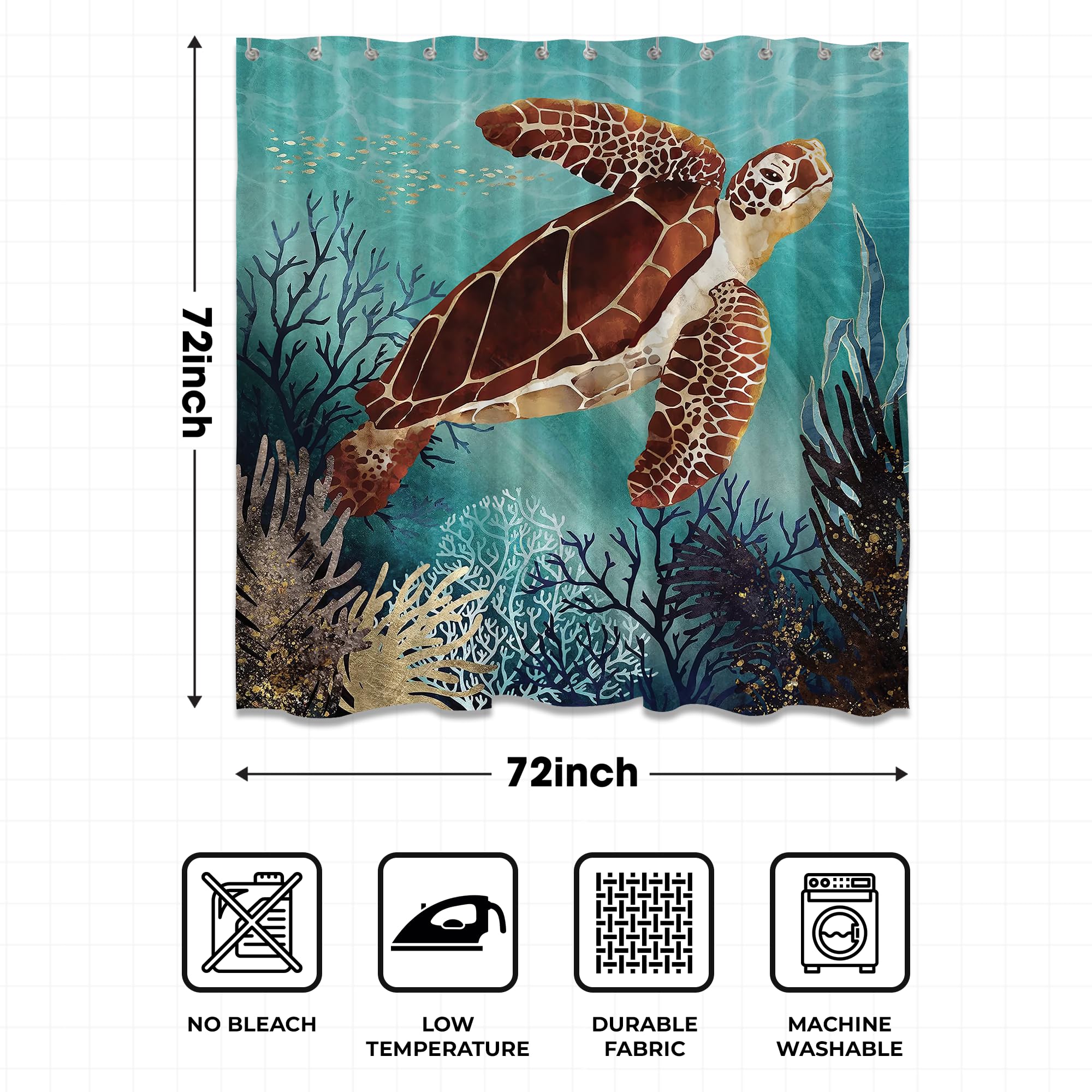 Yeele Duschvorhang-Set „Strand & Meeresschildkröte“ – Wasserdicht, 183x183 Cm, Mit 12 Haken, Blau