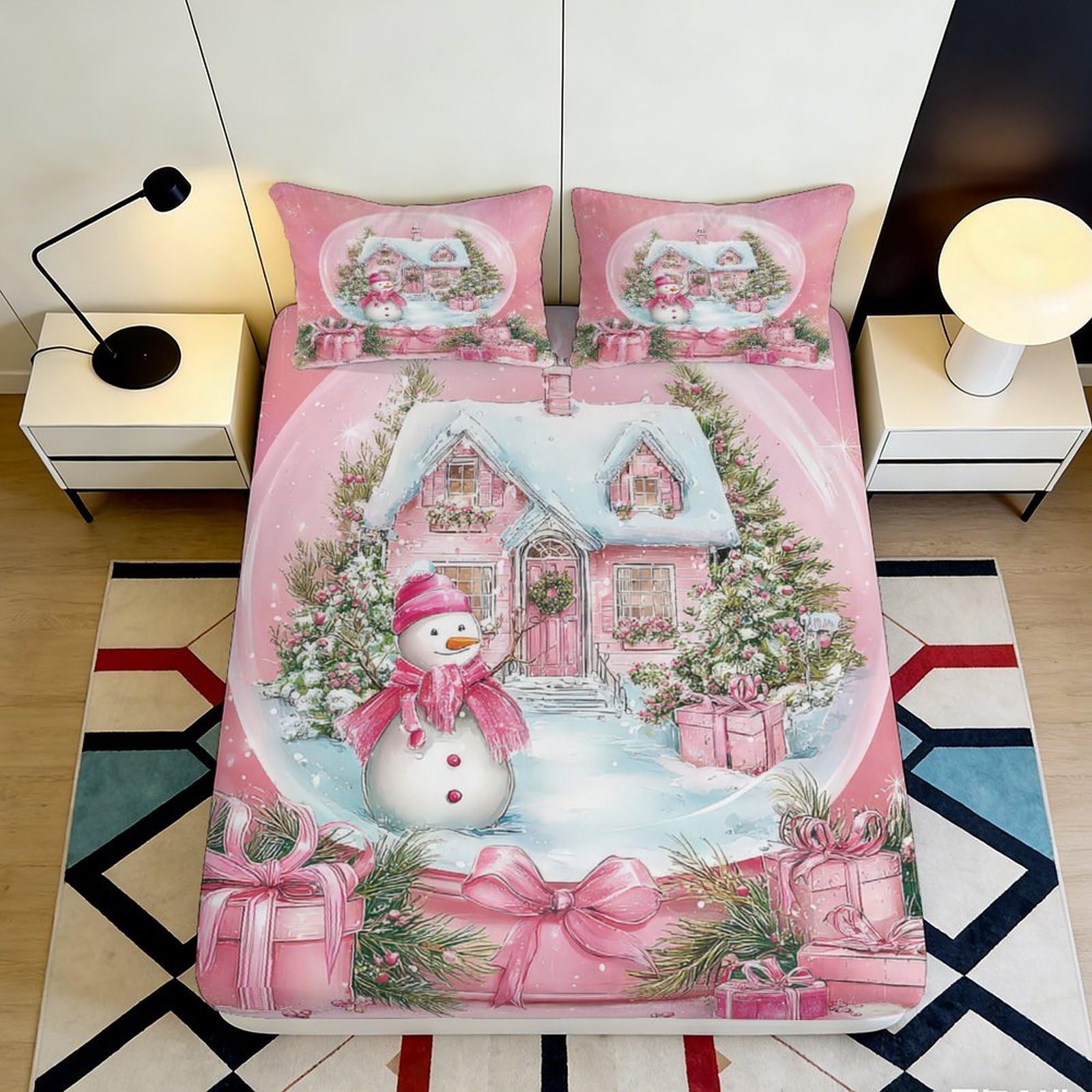 Pnayamiorkfel Style-10 3D Printed Pink Christmas House Fitted Sheet Microfiber Snowman Gift Box Bed Cover For Bedroom Guest Room Decor 90X200x25cm
