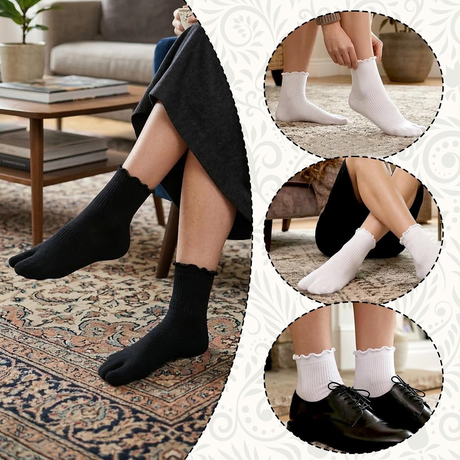 Tabi Split Toe Socks for Women, 4 Pairs Cotton Ruffle | soft & breathable.Ruffle ankle design,cute & trendy.For sandals,flip flops,casual wear.One size fits most women & teen girls