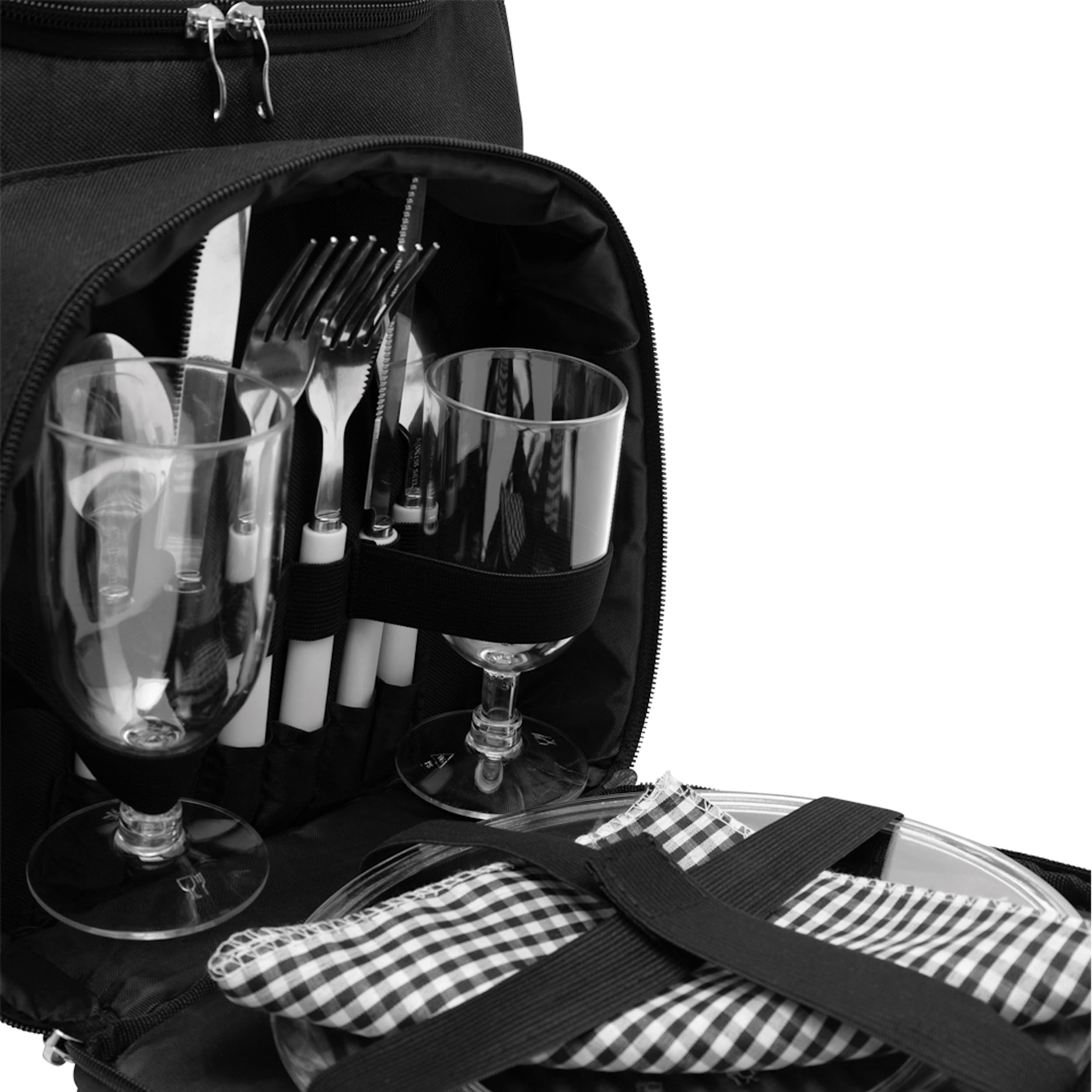 Picknick-Rucksack 2 Personen blau schwarz isoliertes Reißverschluß-Kühlfach Vorfach inkl. Besteck Kunststoff-Weingläser & Teller Stoffservietten 2 Netzeinsteckfächer gepolsterte Gurte (Schwarz)