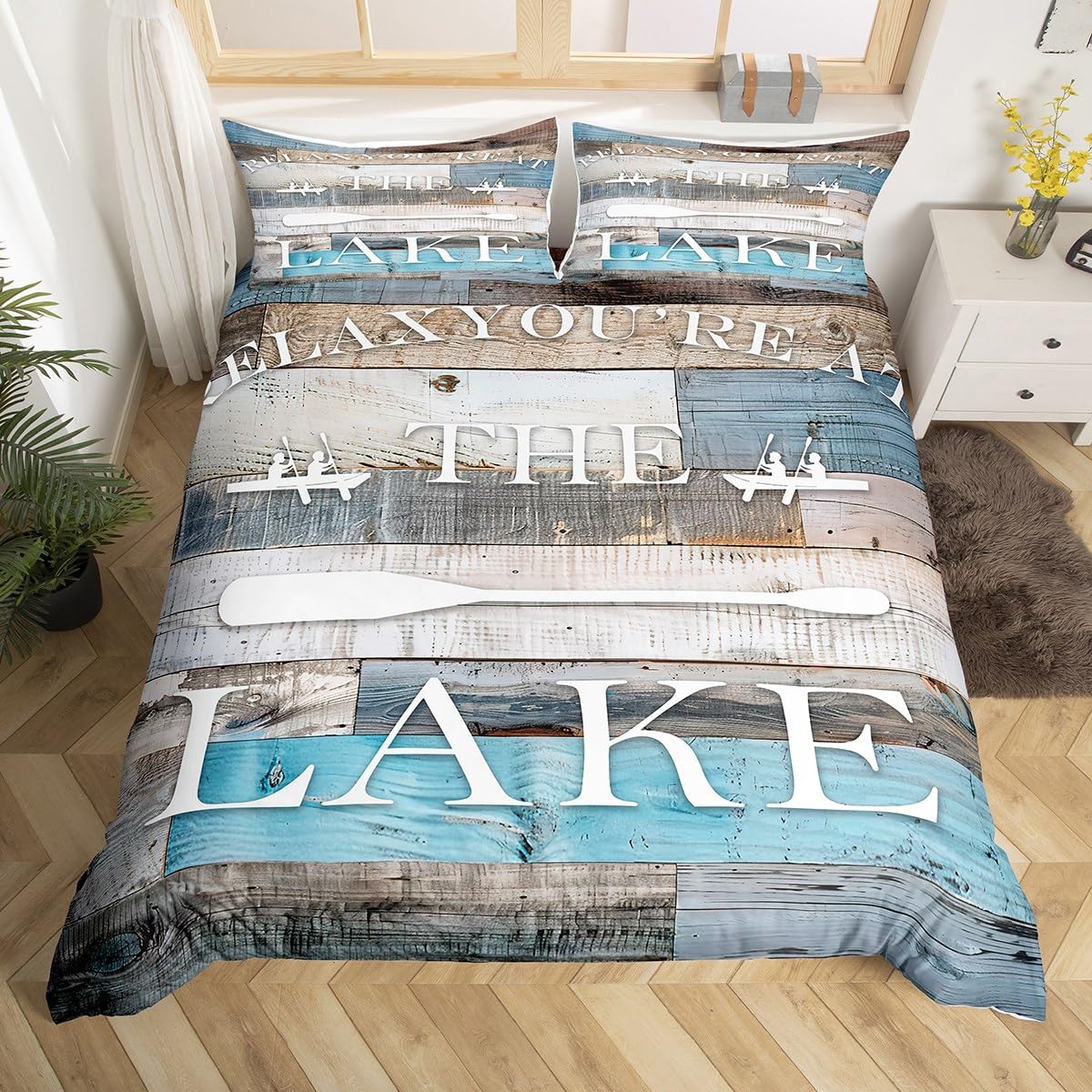Homewish,Lake House Duvet Cover Rustic Farmhouse Bedding Set King Size Blue Grey Retro Wooden Comter Cover 3pcs Kids Adults Men Teens Bedroom Decor,Lake Life White Cabin Quilt Cover,2 Pillowcases