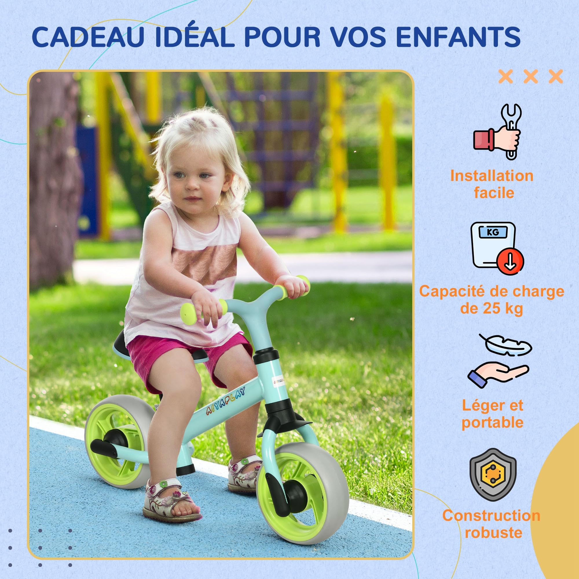 AIYAPLAY Vélo d'équilibre bébé draisienne siège réglable Roues EVA 18-48 Mois 25 kg