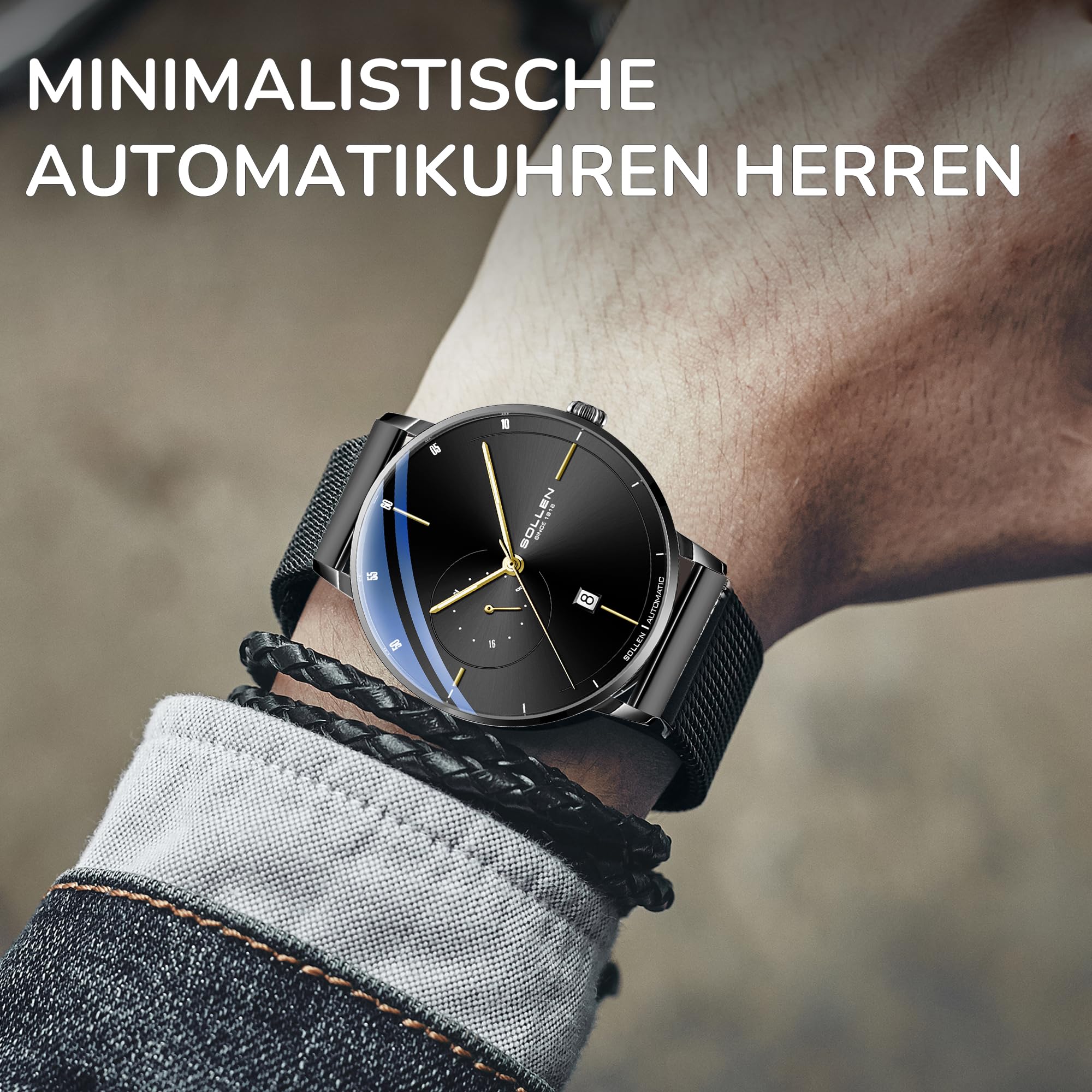SOLLEN Minimalistische Automatikuhren Herren,Automatische Herrenuhren,Originales Mechanisches Uhrwerk,Wasserdicht Leuchtend Selbstaufzug Herrenuhr mit Kalendar,Business Armbanduhr für Männer
