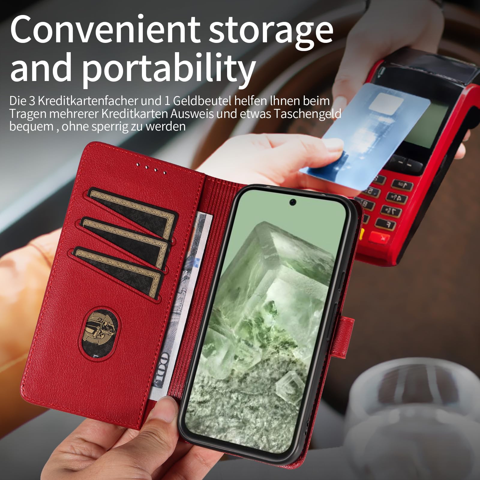 iTape Portemonnee telefoonhoesje voor Google Pixel 9 Pro XL, RFID anti-diefstal portemonnee, geperste rand lederen case flip cover stand Rood iTape Portemonnee telefoonhoesje voor Google Pixel 9 Pro XL, RFID anti-diefstal portemonnee, geperste rand lederen case flip cover stand Rood