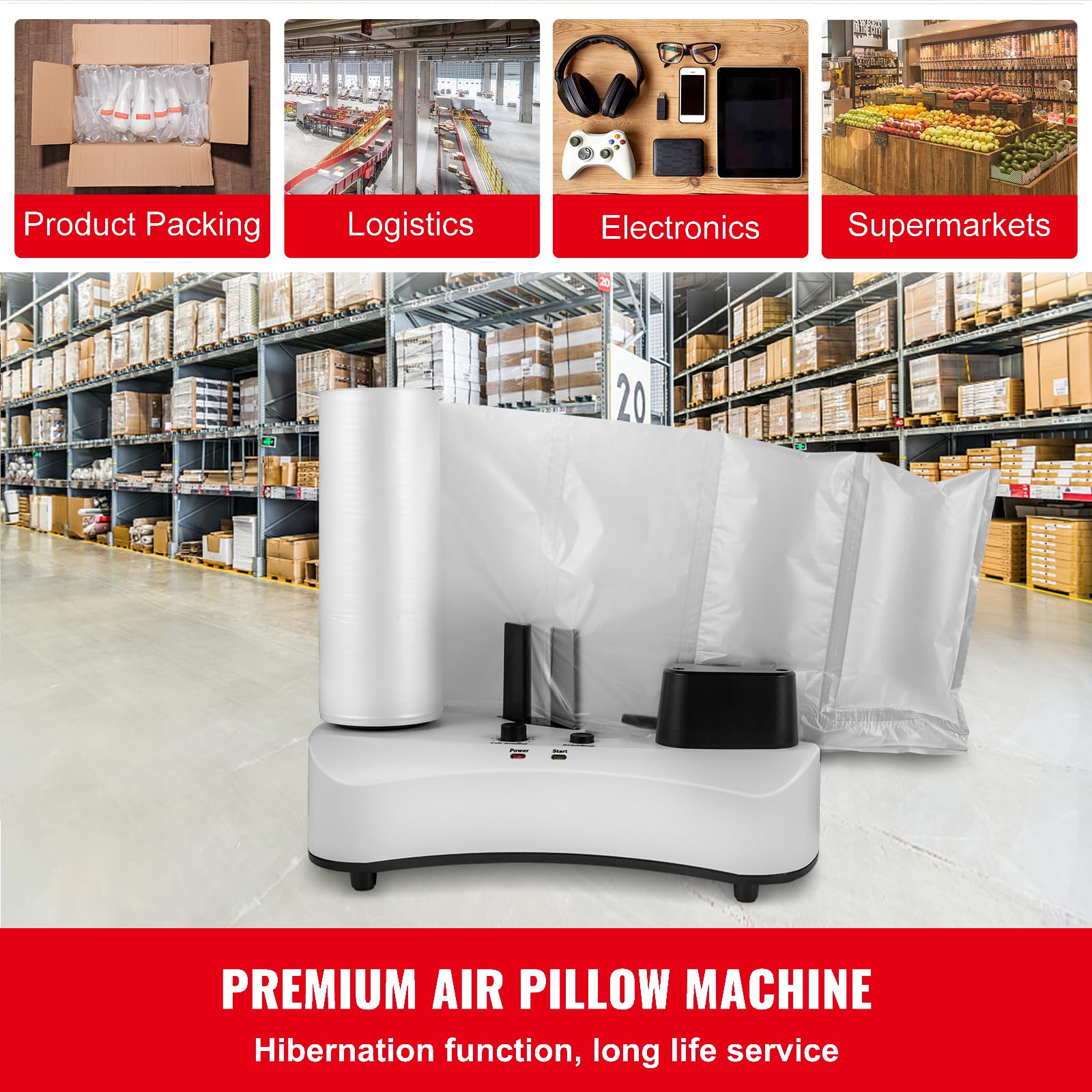 Happybuy Air Cushion Machine, Sealing Speed 7.2-7.8 ft/min, Portable Air Pillow Packaging Machine, 110V, Includes 164 ft/50 m Test Film Roll