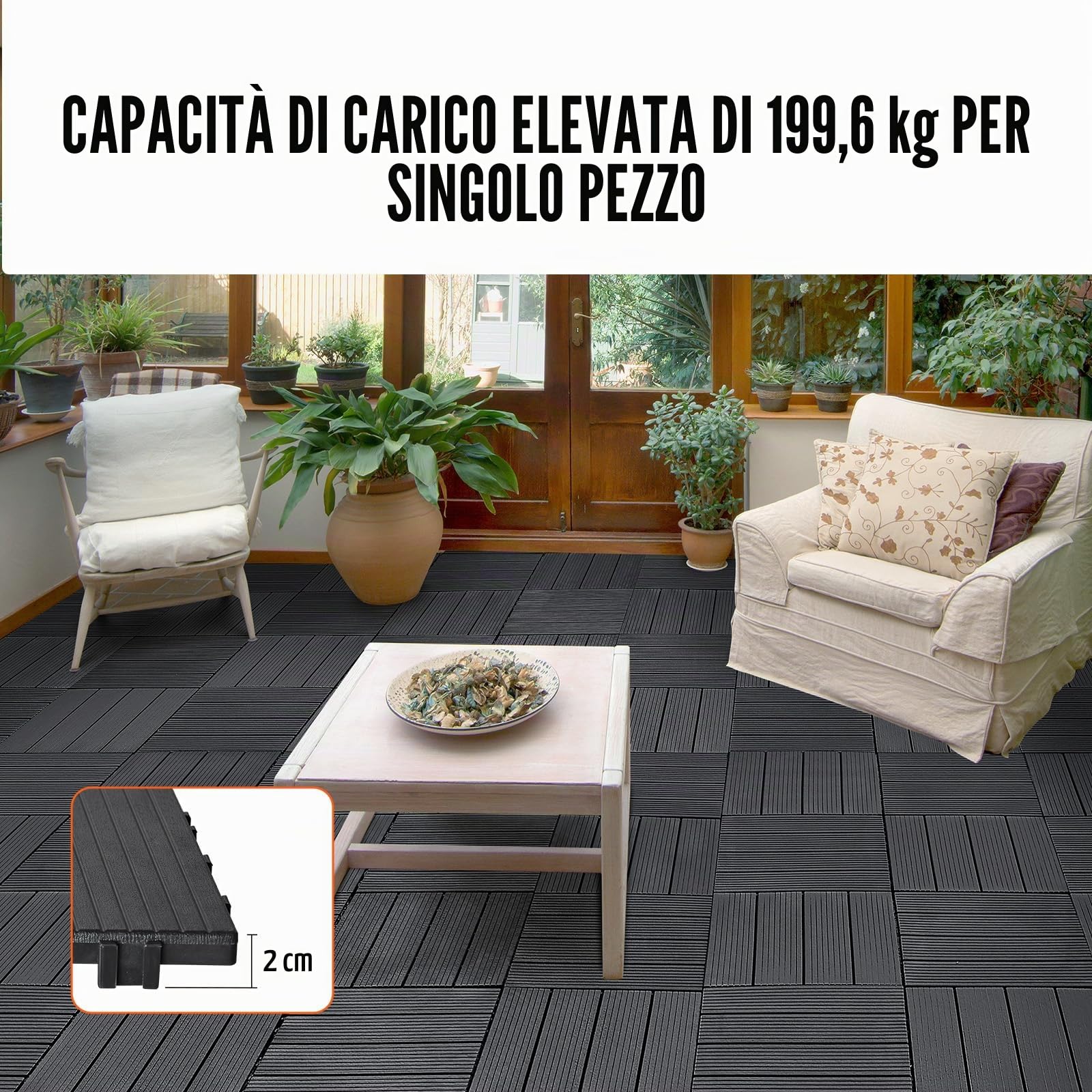 VEVOR Piastrelle per Patio ad Incastro 36 Pezzi 300 x 300 x 20 mm, Piastrelle Impermeabile in Plastica, Piastrelle per Tutte Le Condizioni Atmosferiche, per Portico Piscina Cortile, Grigio Scuro