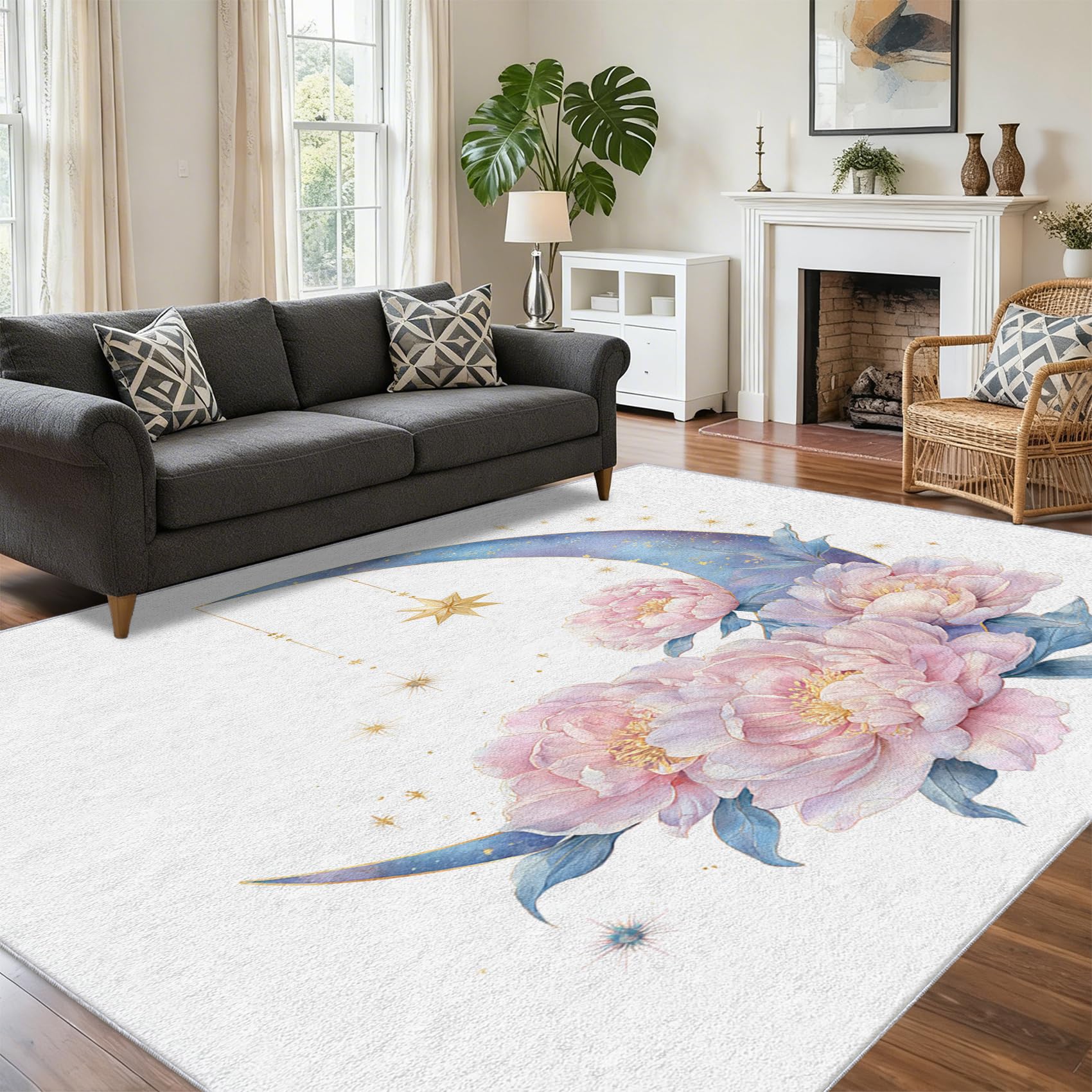 Tapis croissant de lune fleuri au motif fleur de pivoine grand tapis de salon doux S05J7