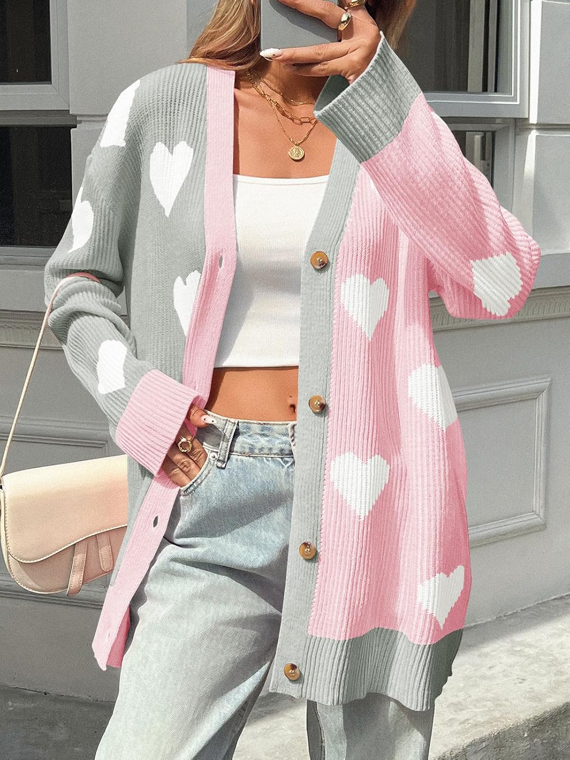 Saodimallsu Womens Heart Cardigan Sweaters Valentines Oversized Winter Color Block Button Up Cute Ribbed Sweater Coats - Image 2