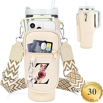 LOKASS Water Bottle Holder with Strap for Stanley Cup 30 oz Tumbler with Handle, Personalized Initial Stanley Cup Accessories, Christmas Gifts Water Bottle Carrier Bag for Women Men girls