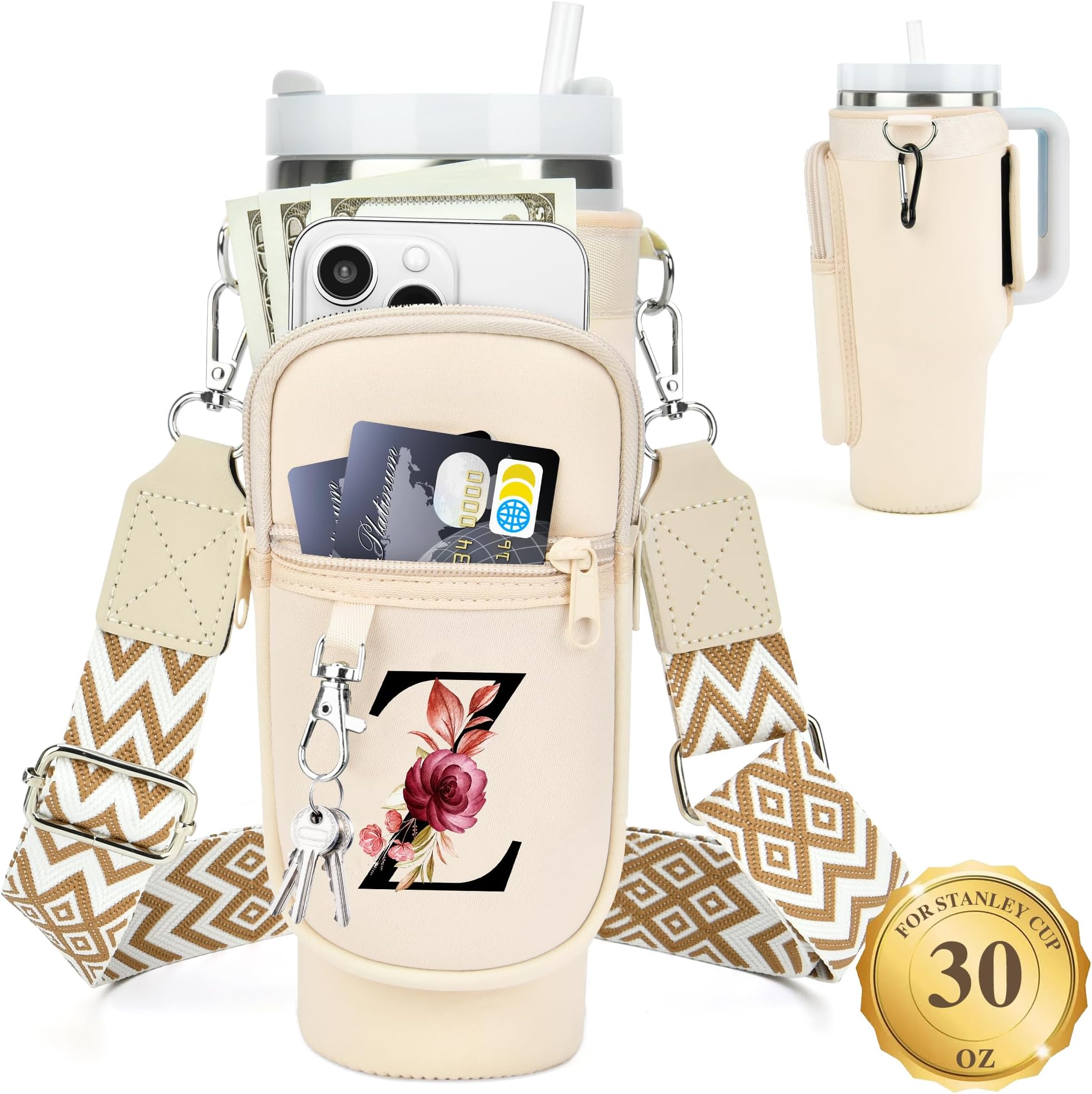 LOKASS Personalized for Stanley Cup Accessories 30oz, Initial Stanley Cup Holder with Strap, Cup Carrier Bag Water Bottle Holder with Phone Pocket Gifts for Women, Girls, Mom Travel, Walking,Work