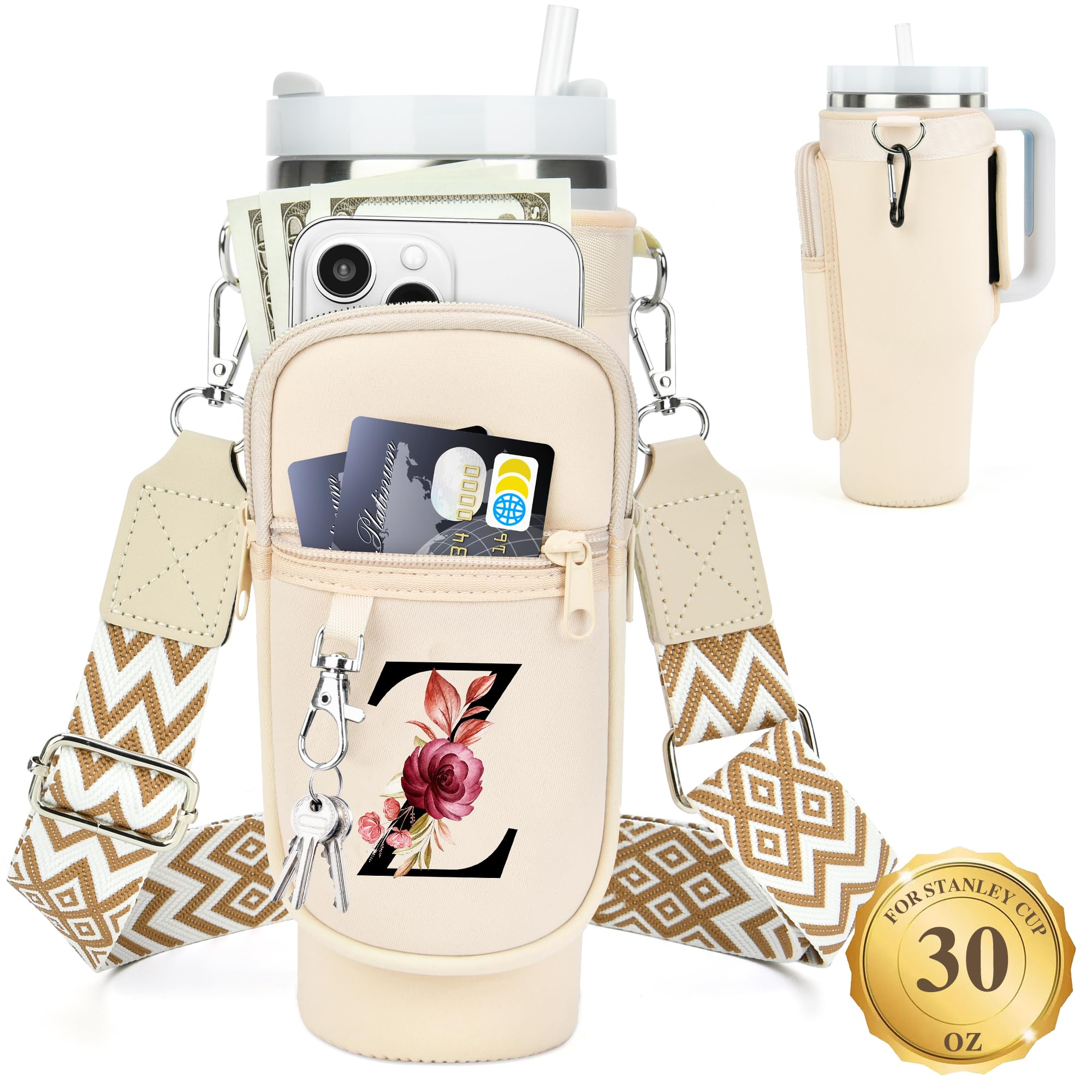 LOKASS Water Bottle Holder with Strap for Stanley Cup 30 oz Tumbler with Handle, Personalized Initial Gift, Water Bottle Carrier Bag with Phone Pocket & Carabiner for Stanley Cup Accessories