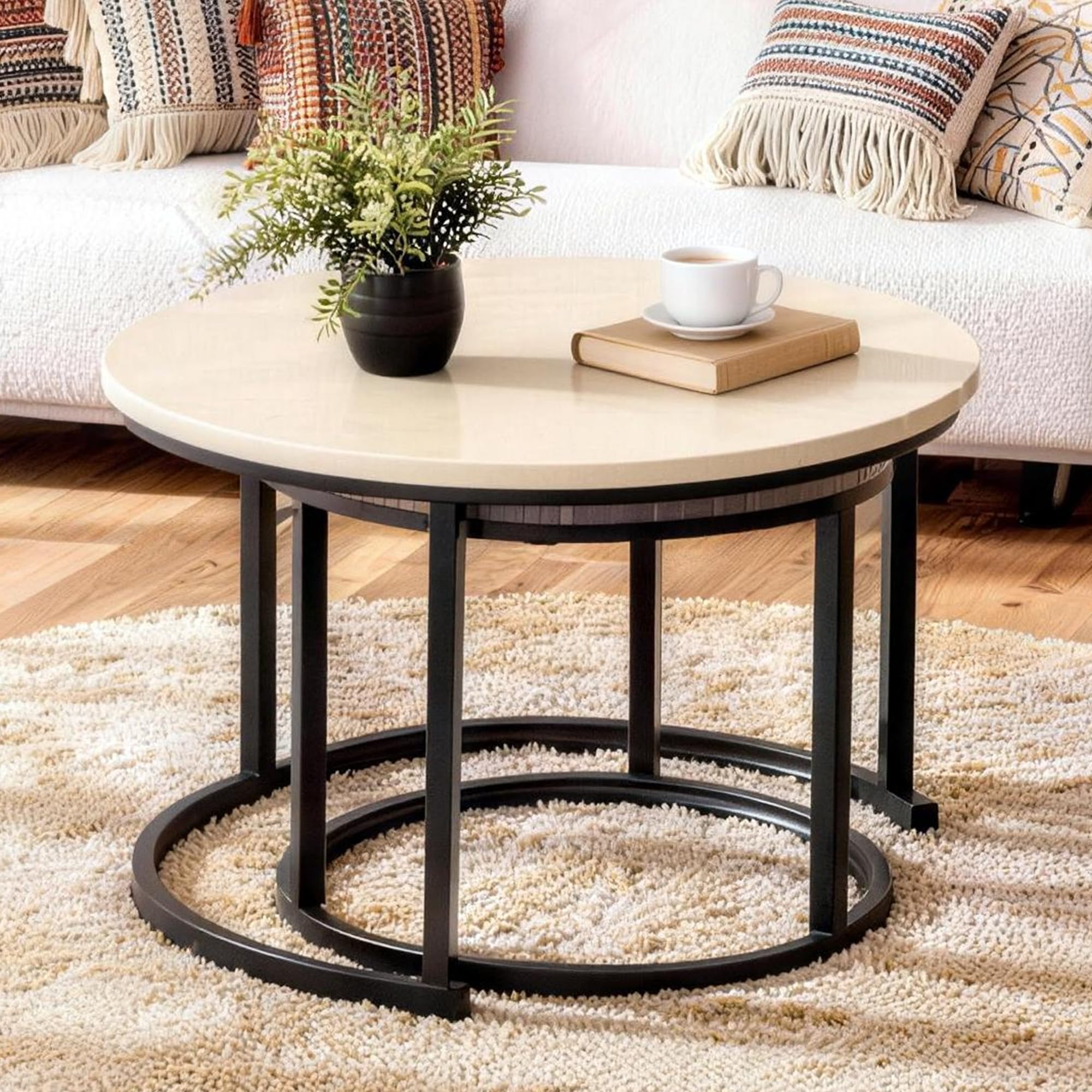 Runder Couchtisch 2er Set, Wohnzimmertisch mit Schwarz Metallgestell, Beistelltisch Set, Couchtisch mit Glatter Holzoptik, Sofatisch für Wohnzimmer, Schlafzimmer und Büro, Elfenbein