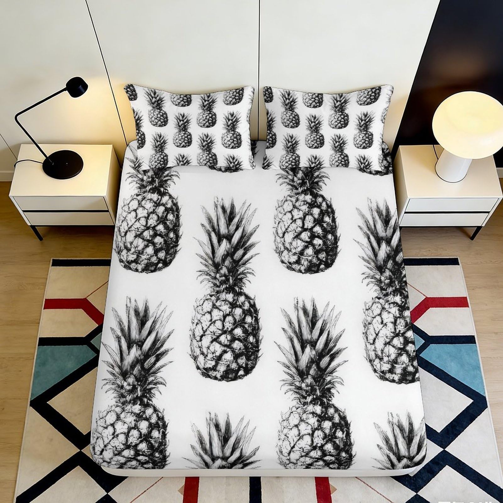 3D Printed Pineapple Fitted Sheet Microfiber Deep Pocket Non-Slip Pineapple Mattress Fitted Cover Washable for Bedroom Home 140x200x25cm