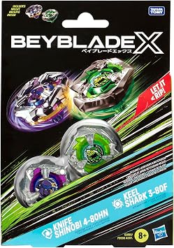 Beyblade X Knife Shinobi 4-80HN and Keel Shark 3-80F Dual Pack Set with 2 Right Rotation Tops Battle Top Toy for Boys and Girls Age 8
