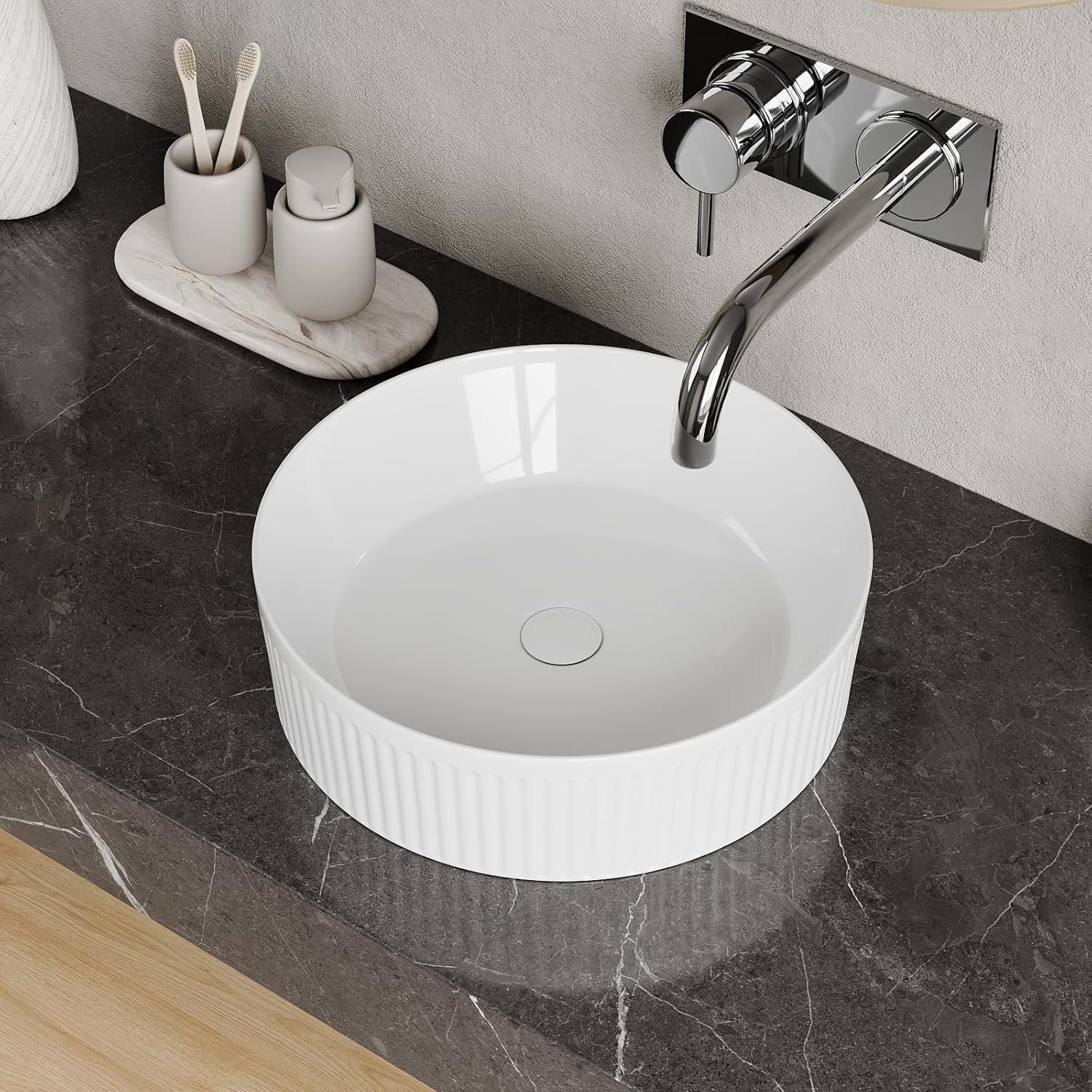 Bathroom Vessel Sink, DeerValley 16" x 16" White Ceramic Round Bathroom Vessel Sink Bowl Above Counter with Wavy Texture Design, Modern Vanity Sink for Bathroom DV-1V0320