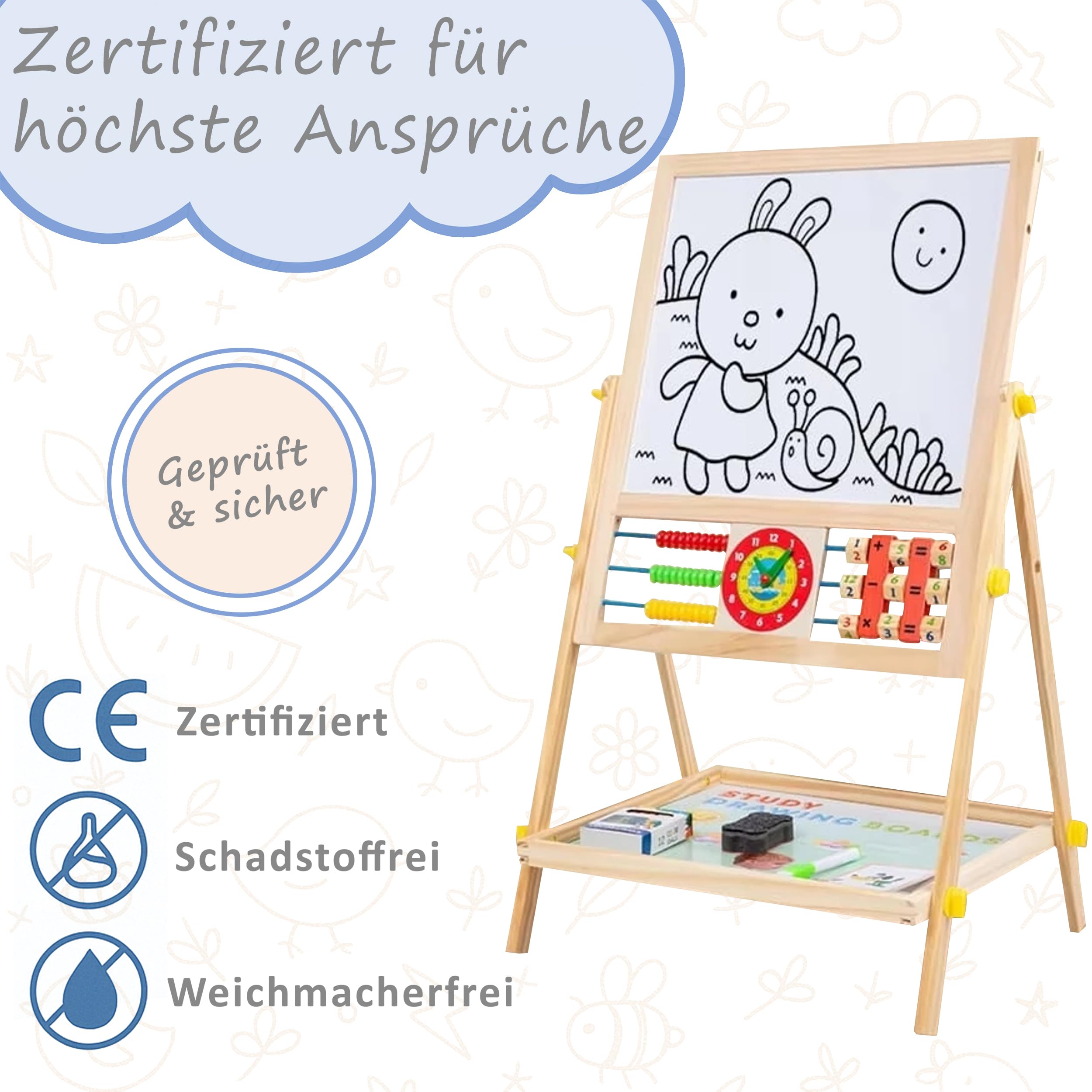 Montessori Board - Holztafel 6 in 1 – Magnetkreide Tafel für Kinder, Doppelseitig, Höhenverstellbar, Kreativitätsfördernd, Ideal für Lernen, Malen & Zählen, 1-6 Jahre