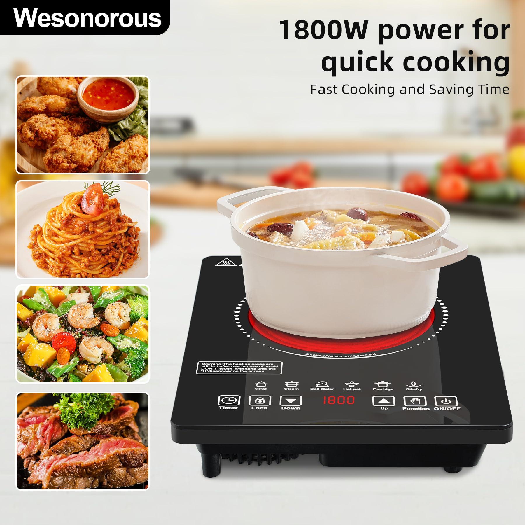 Wesonorous Single Burner Electric Cooktop,110V 1800W Electric Stove Top with LED Touch Control,9 Power Levels, 3 hTimer, Safety Lock,single burner cooktop Overheat protection view 3