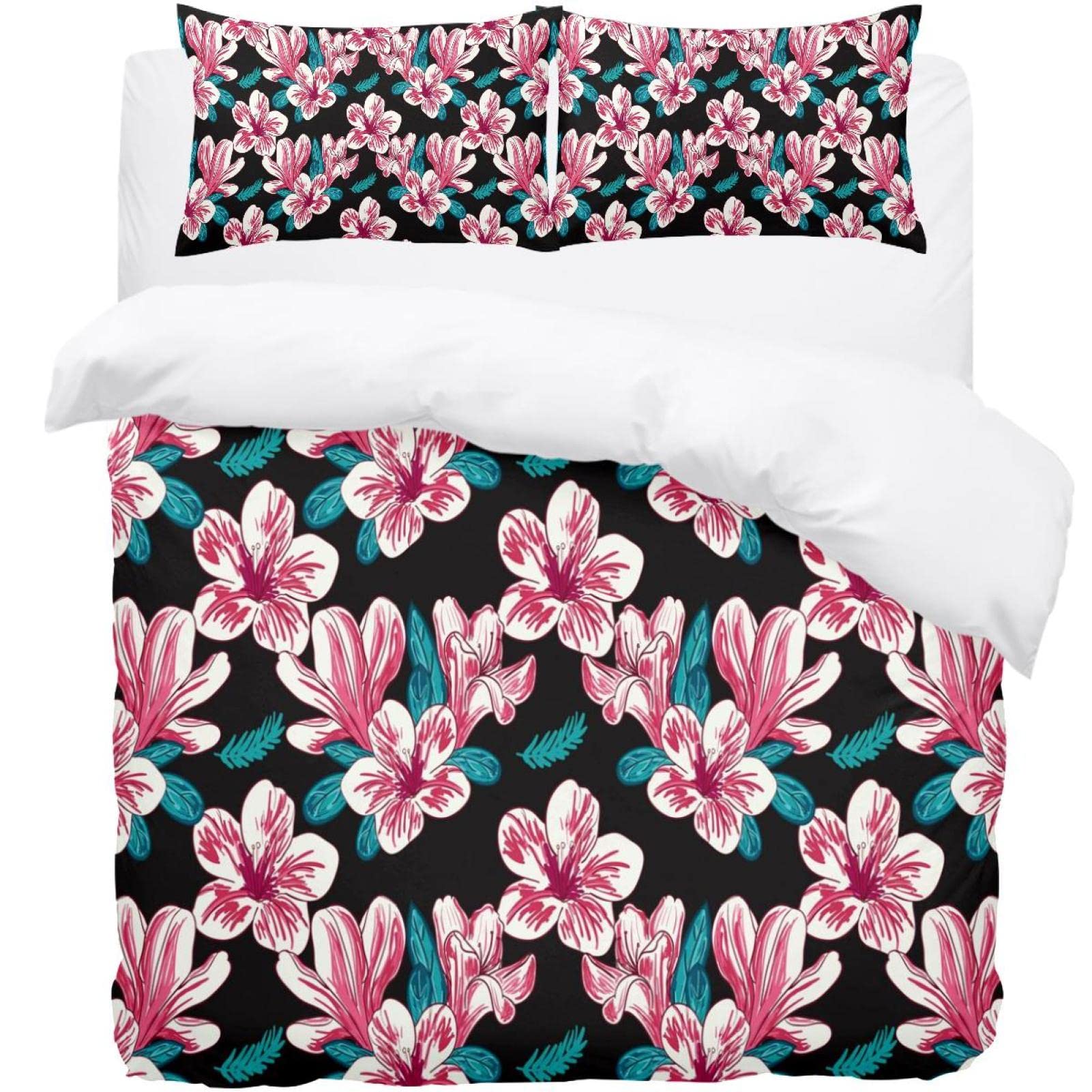 Parure de lit 3 pièces housse de couette noir et rose fleurs pour grand lit double et King size