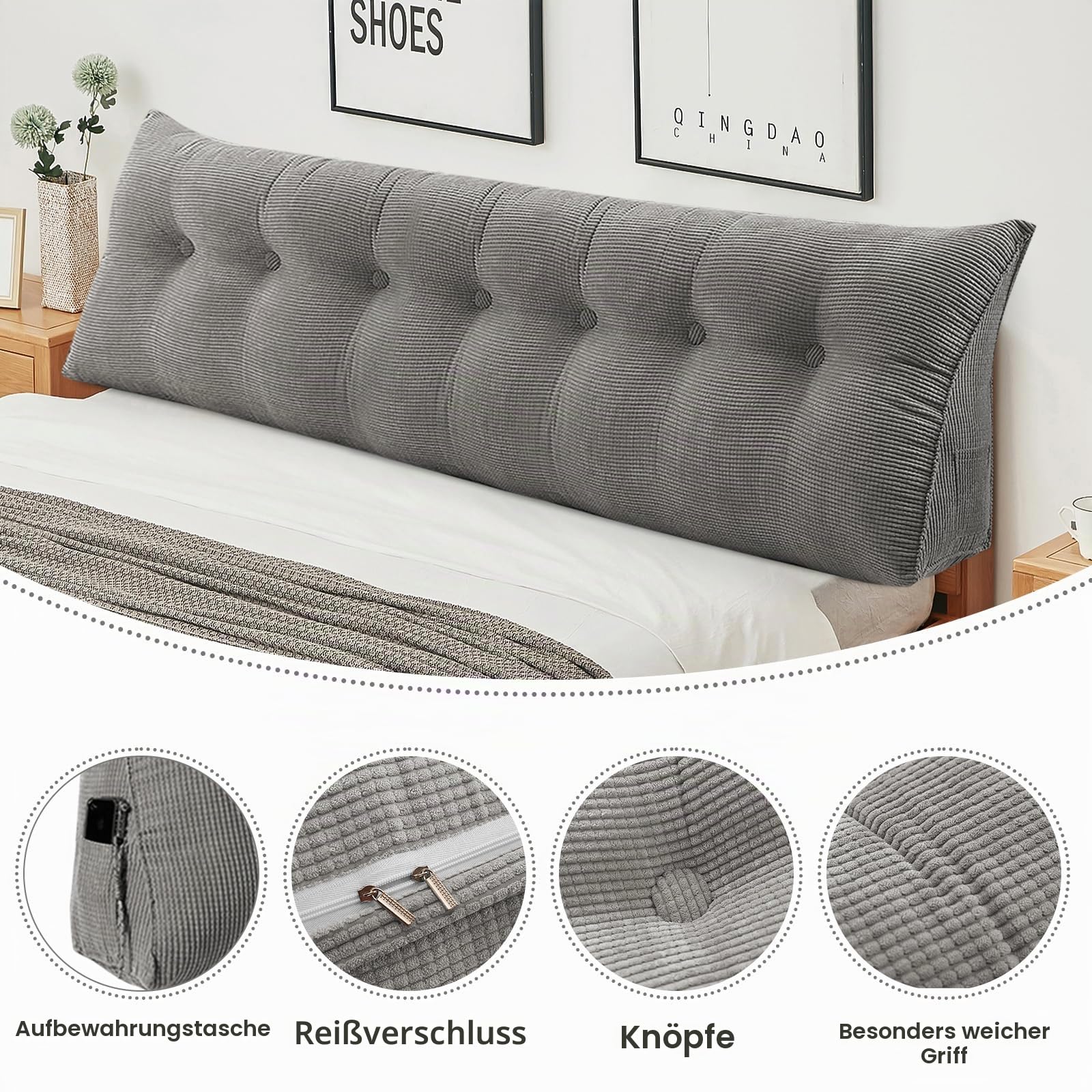 OHMG 120/140/160/180/200 cm Rückenkissen, geeignet für Bett und Sofa, Lendenkissen, Lesekissen, Kissen mit abnehmbarem Nackenband und waschbarem Bezug, praktische Seitentasche (Grau, 200CM)
