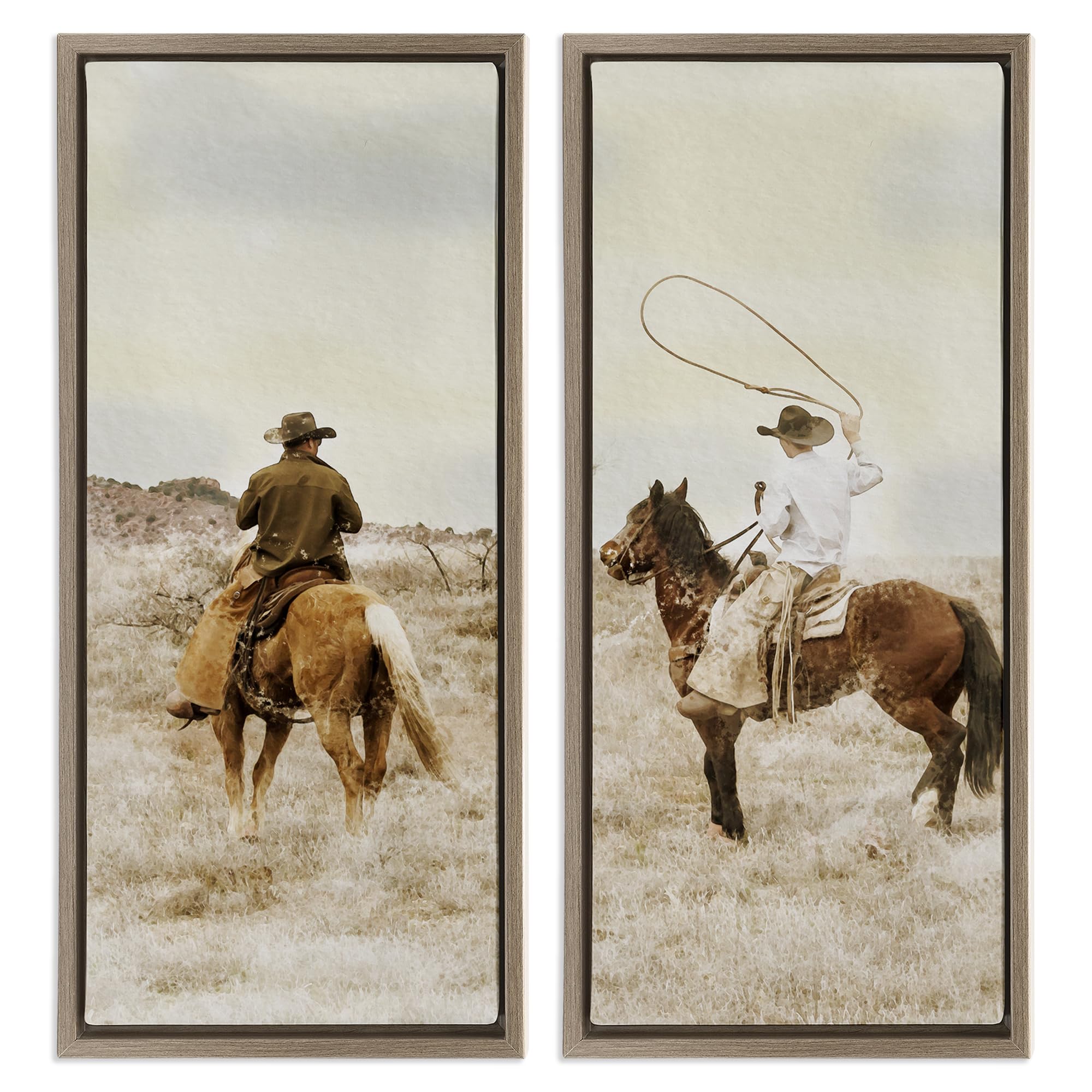 Stupell Industries Montalcino Elm (Textured) 'Wrangling Cowboy Duo'| 2Pc Floating Frame Art Set 2