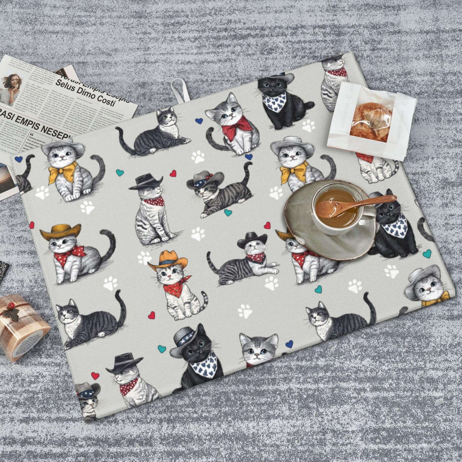 Tapete de secado de platos para gatos y amantes de las mascotas, 18 x 24 pulgadas, para encimera de cocina, tapete de microfibra absorbente, escurridor de platos, tapetes de secado rápido, accesorios