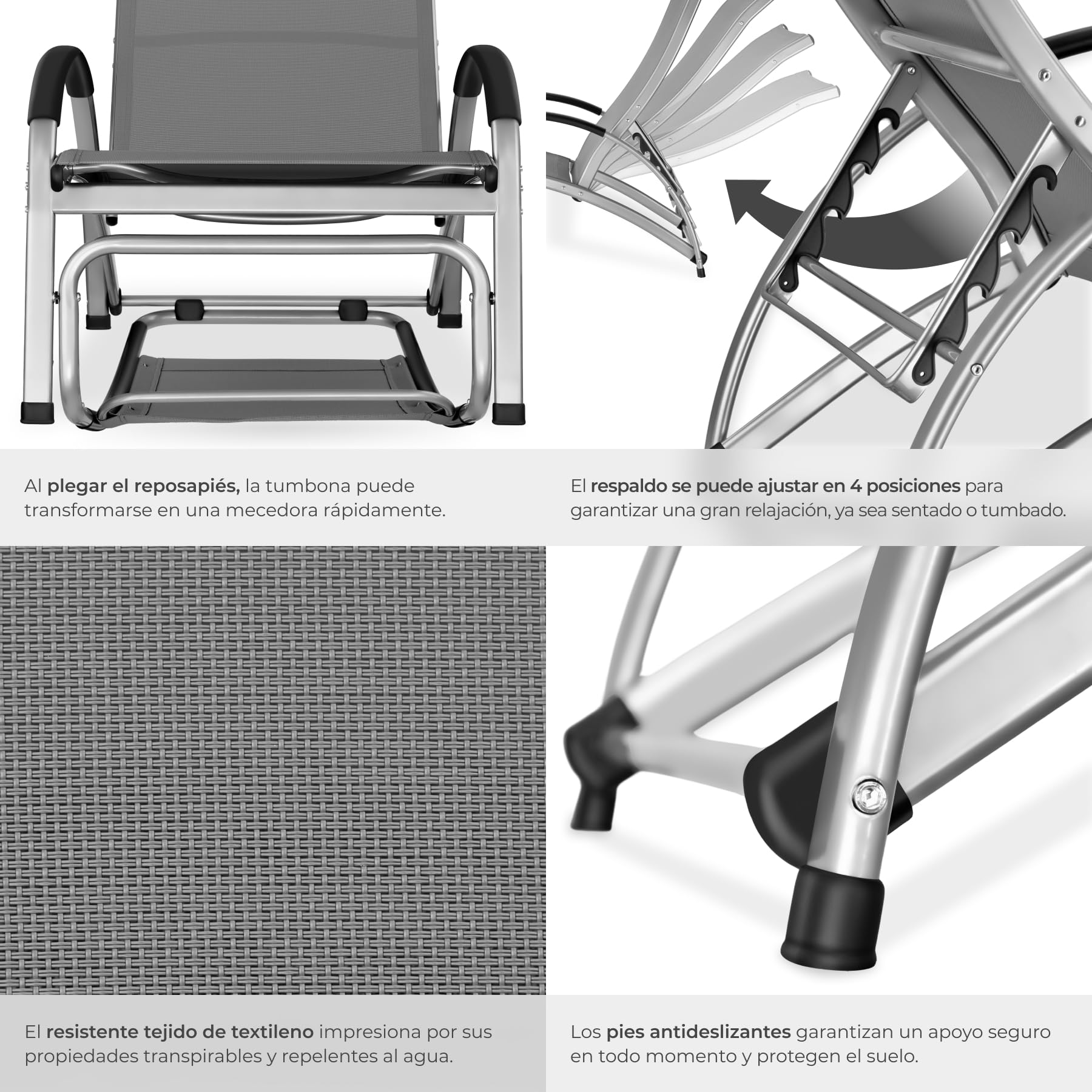 tectake® Tumbona Mecedora 2 en 1, Tumbona Jardín Exterior, Silla Mecedora, Respaldo Ajustable, Estructura de Aluminio, Tejido Transpirable, Ideal para Jardín y Playa - 2 Unidades