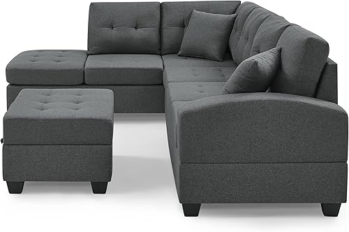 Miniatura 3 de UBGO Sala de estar tapizada, 3 piezas, piel sintética, convertible modular, reposapiés en forma de L, 2 almohadas, reclinable reversible, juego de