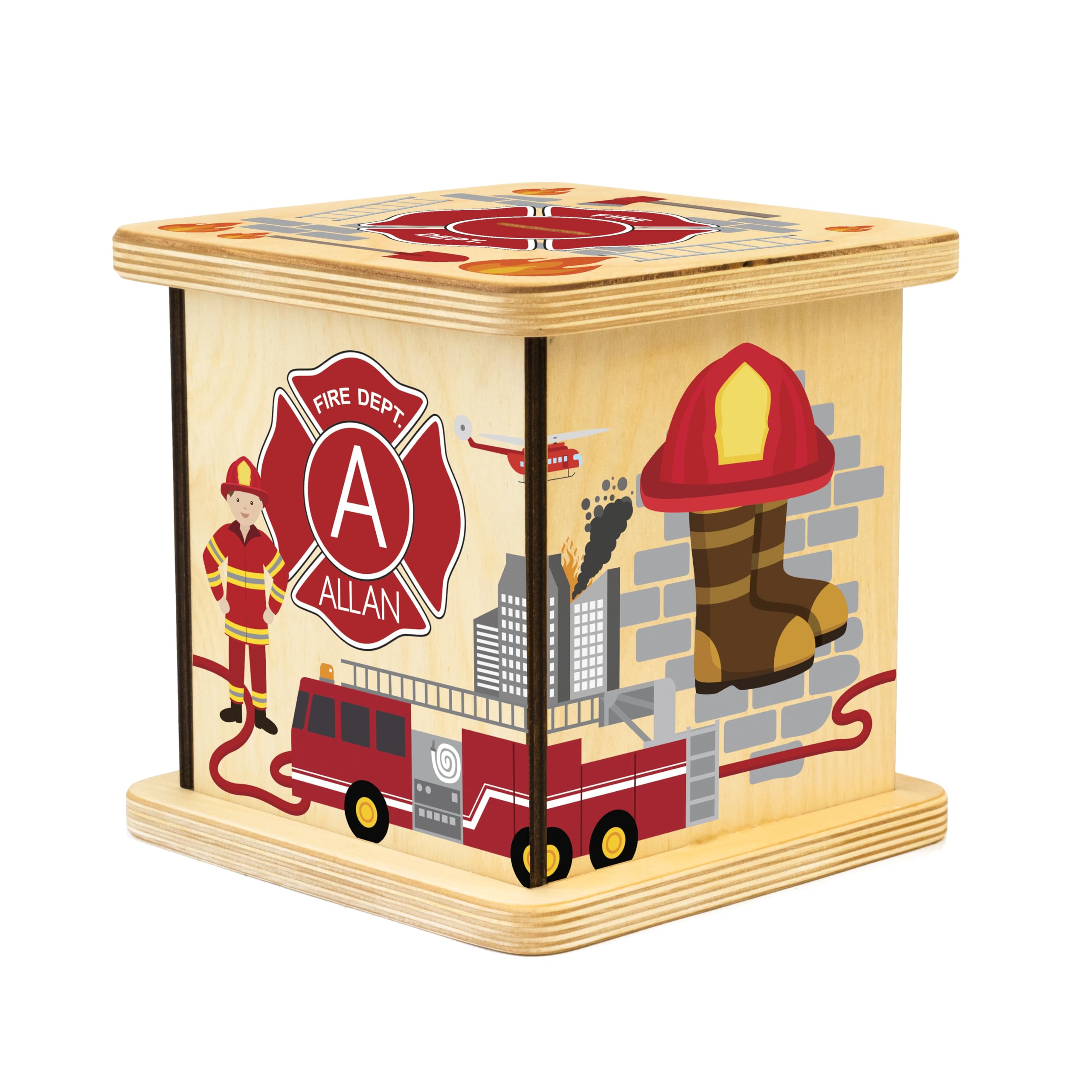 Wooden Piggy Bank for Kids and Adults, Personalized Gift Handmade in USA by BloomOwl, Custom Piggy Bank, Personalized Banks for Kids, Gifts for Baby Boys and Girls (Firefighter)