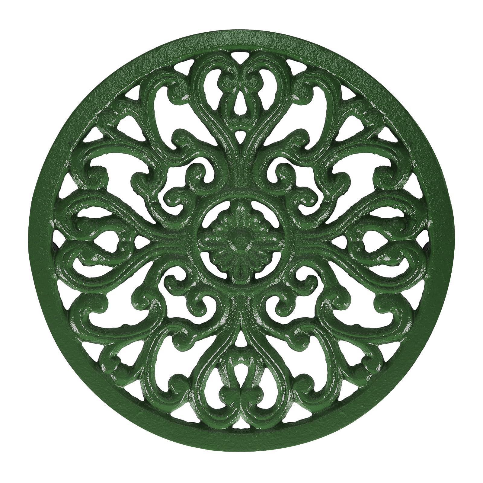 SUMTree 6.7" Round Cast Iron Trivets, Decorative Heavy Duty Hot Pot Holder Mat, Vintage Flower Pattern Cast Iron Trivet with Rubber Pegs for Kitchen Worktops Dining Table (Green)